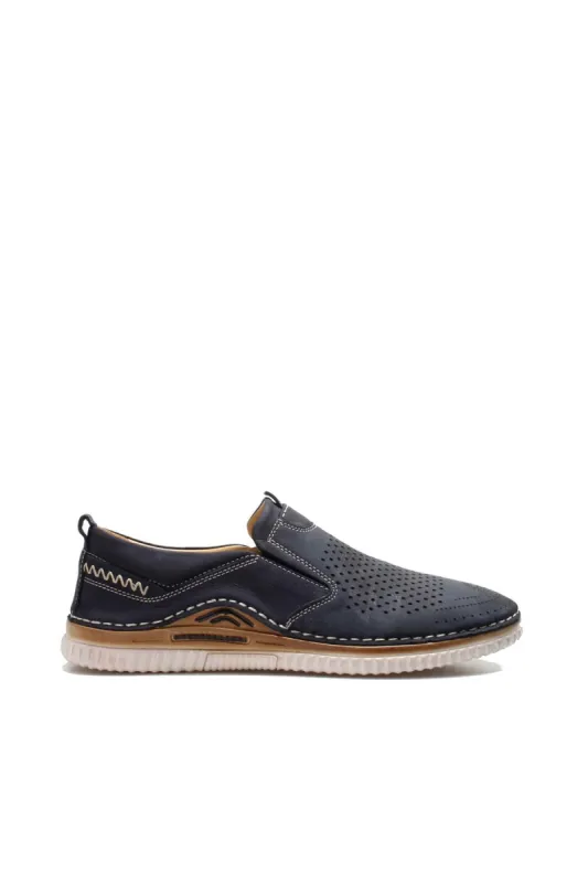 Men's Navy Blue Perforated Slip-On Loafers with Contrast Stitching and Cushioned Sole - Wessi sold by Wessi