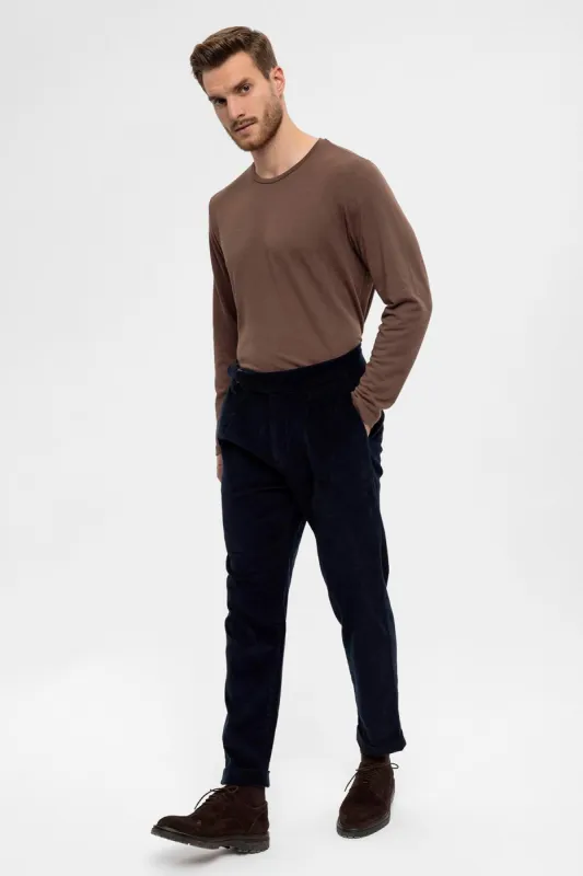 Men's Navy Blue High Waist Double Leg Velvet  Trousers - Wessi sold by Wessi