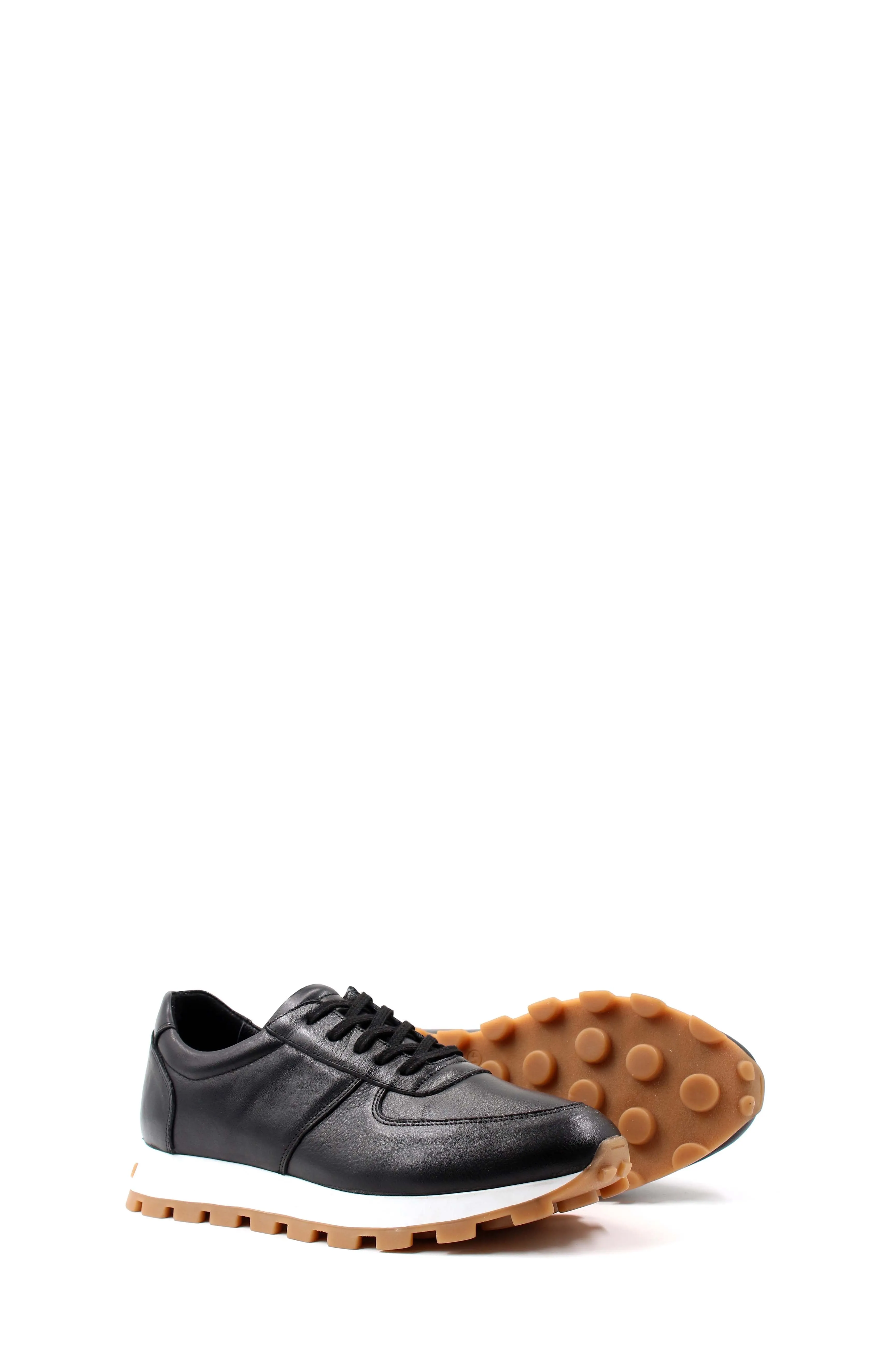 Men's Black Leather Sneakers with White Sole and Textured Outsole - Wessi sold by Wessi product image thumbnail 3