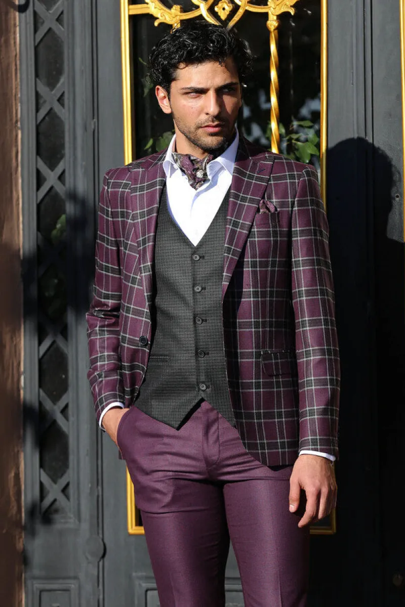Slim Fit Patterned Checked Burgundy Men Suit - Wessi sold by Wessi
