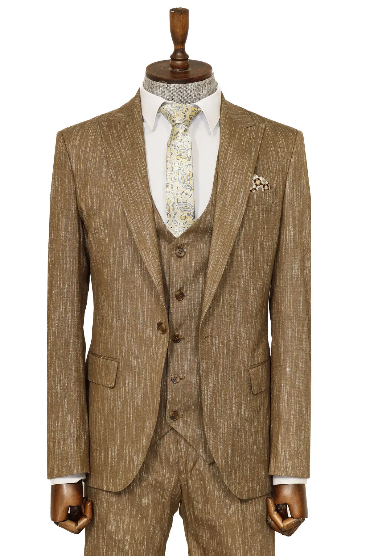 3 -Piece Single Button Peak Lapel Tan Men Suit - Wessi sold by Wessi