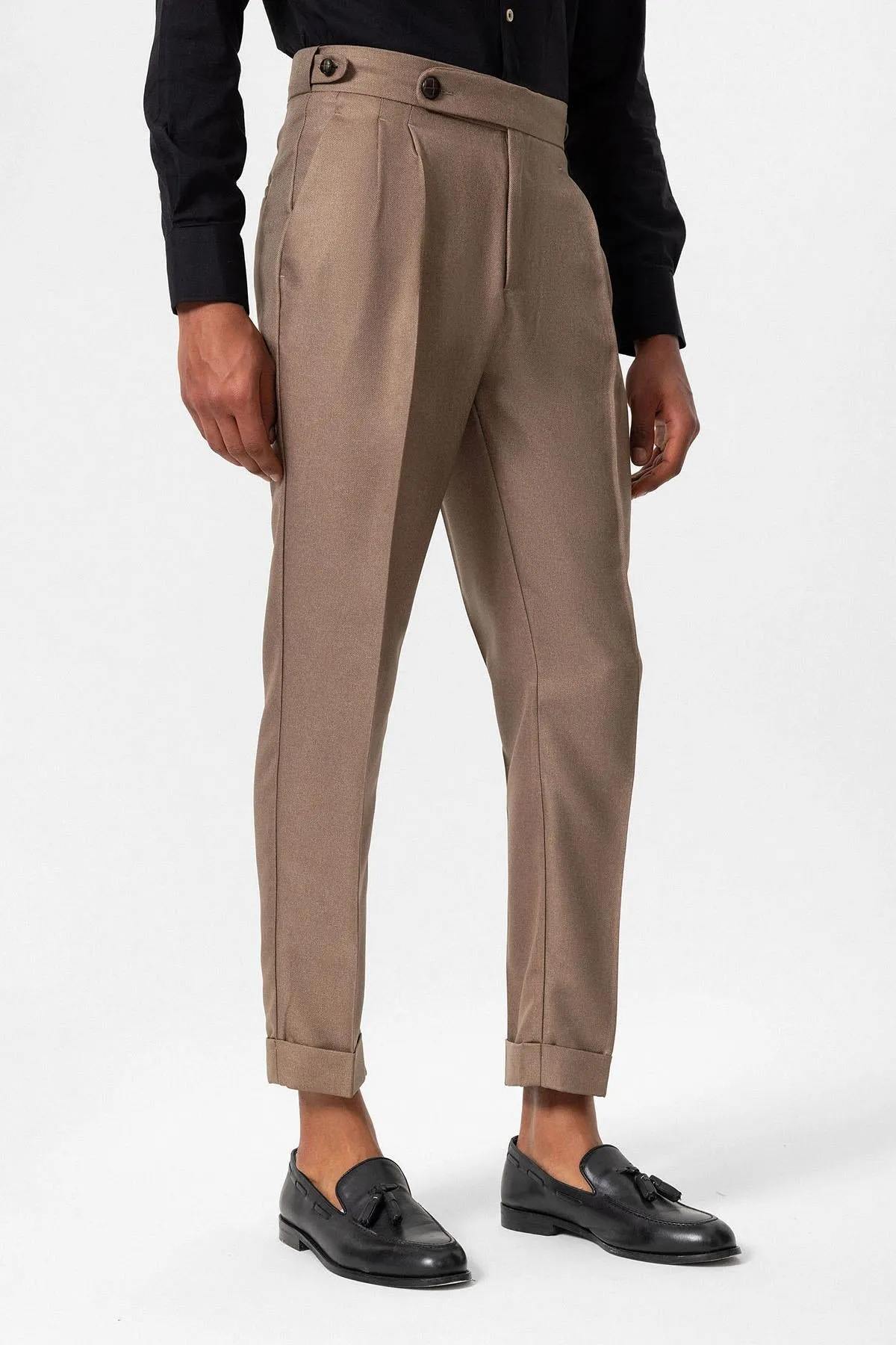 Men's Dark Beige Cuffed High-Waist Pleated Pants - Wessi sold by Wessi product image thumbnail 4