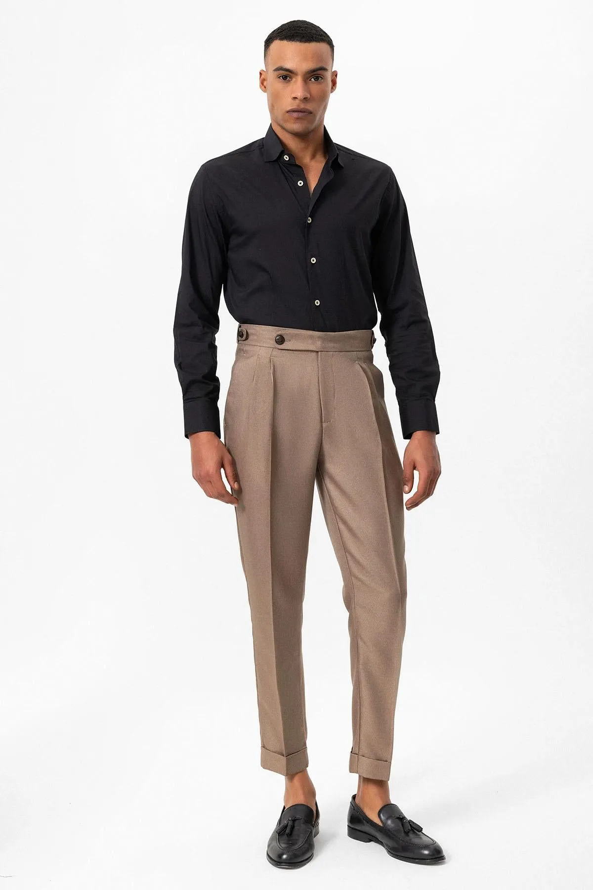 Men's Dark Beige Cuffed High-Waist Pleated Pants - Wessi sold by Wessi product image thumbnail 2