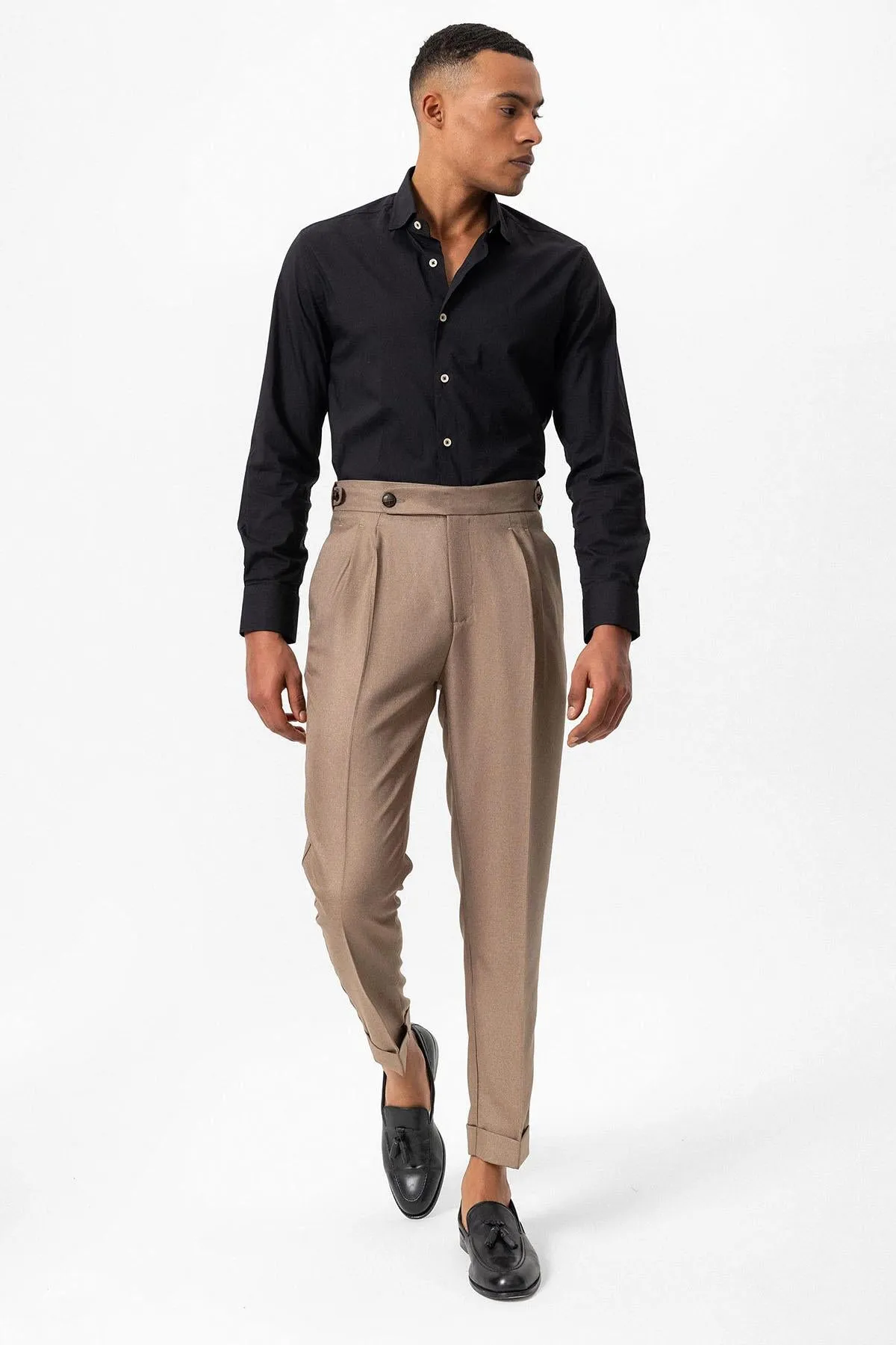 Men's Dark Beige Cuffed High-Waist Pleated Pants - Wessi sold by Wessi product image thumbnail 3