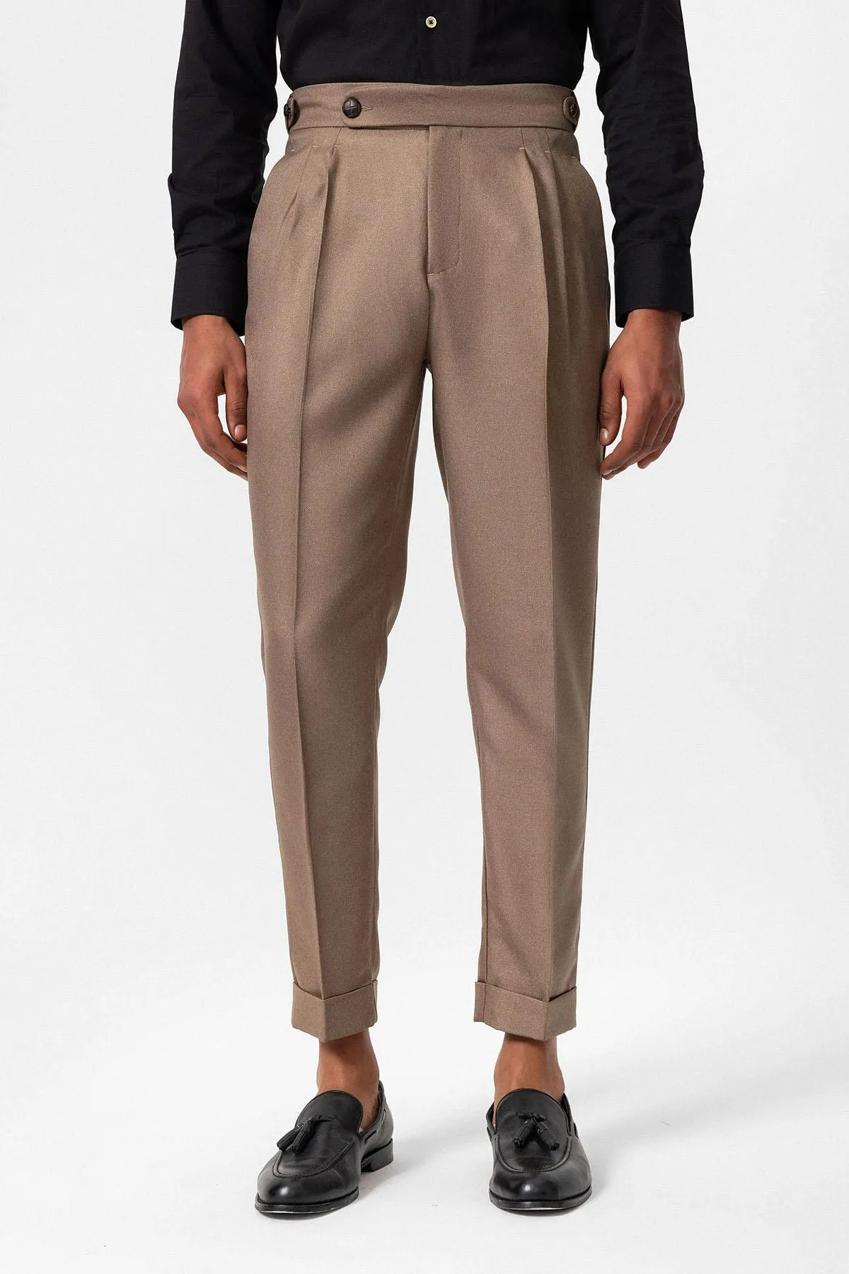 Men's Dark Beige Cuffed High-Waist Pleated Pants - Wessi sold by Wessi