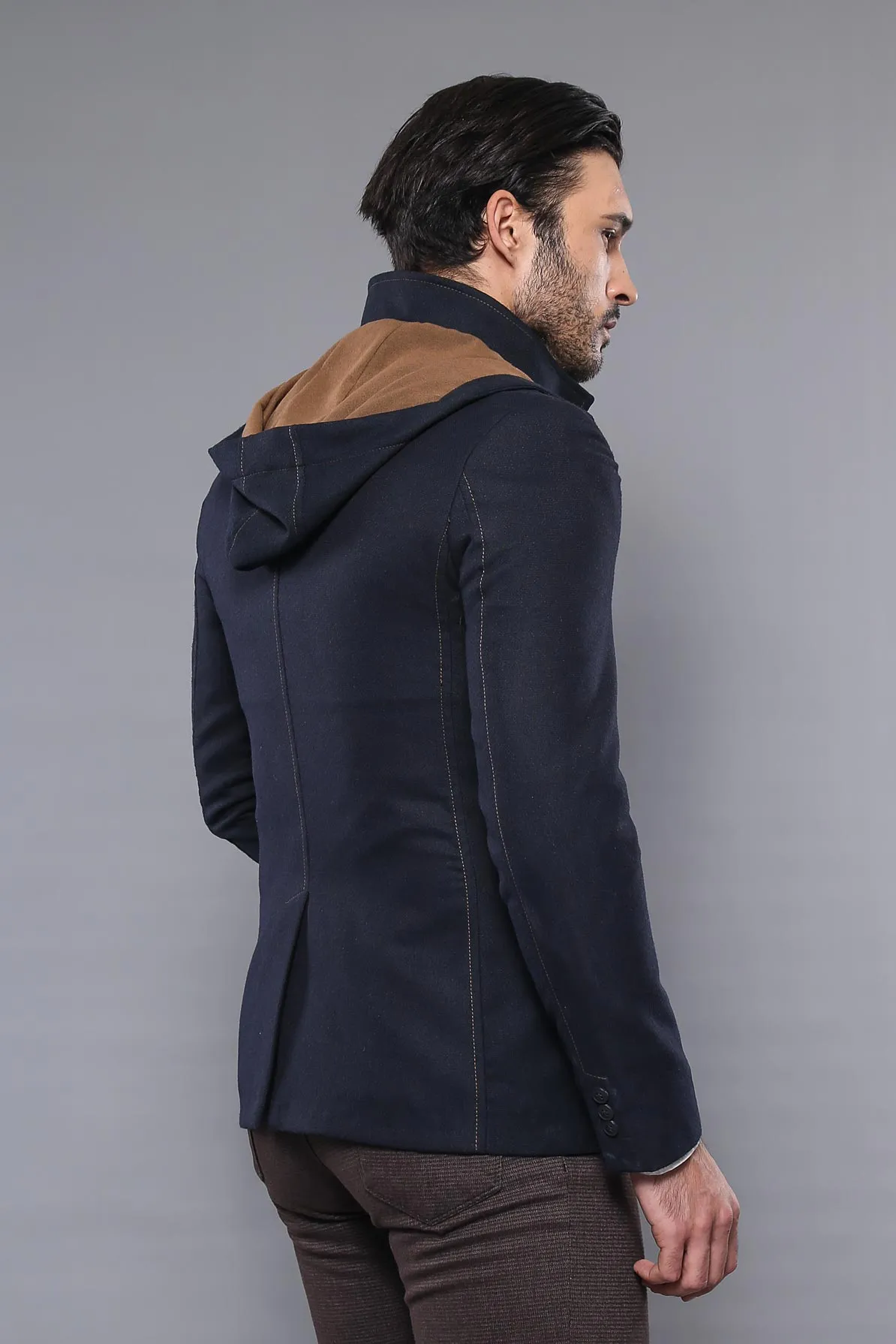 3 Pockets Hooded Zippered Wool Navy Blue Men Short Coat-Wessi sold by Wessi product image thumbnail 4