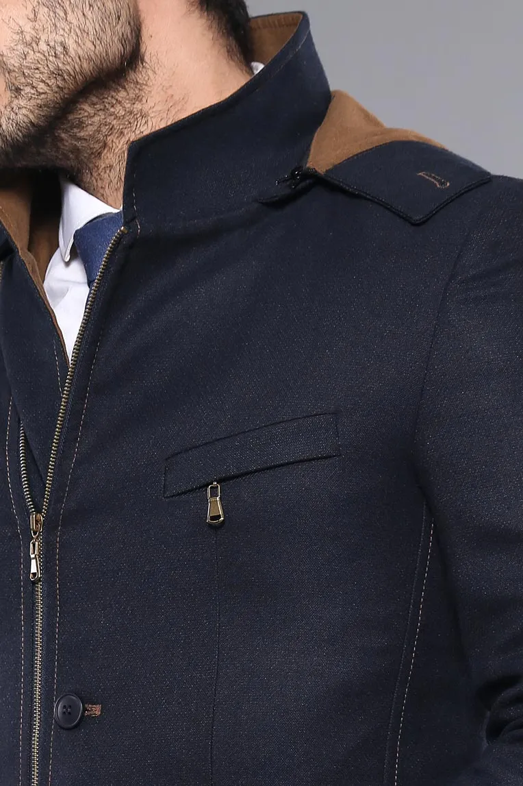 3 Pockets Hooded Zippered Wool Navy Blue Men Short Coat-Wessi sold by Wessi product image thumbnail 2