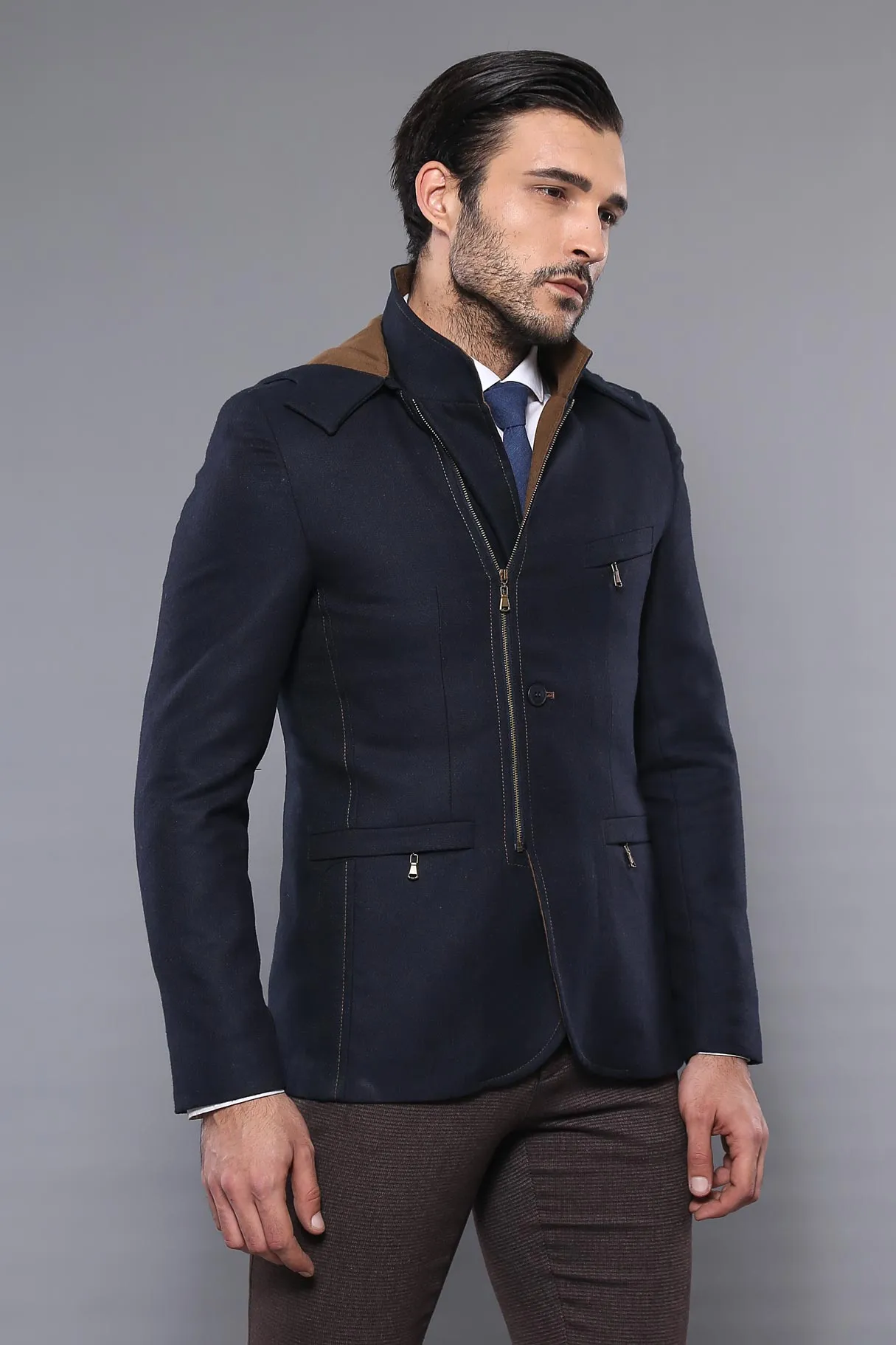 3 Pockets Hooded Zippered Wool Navy Blue Men Short Coat-Wessi sold by Wessi product image thumbnail 3