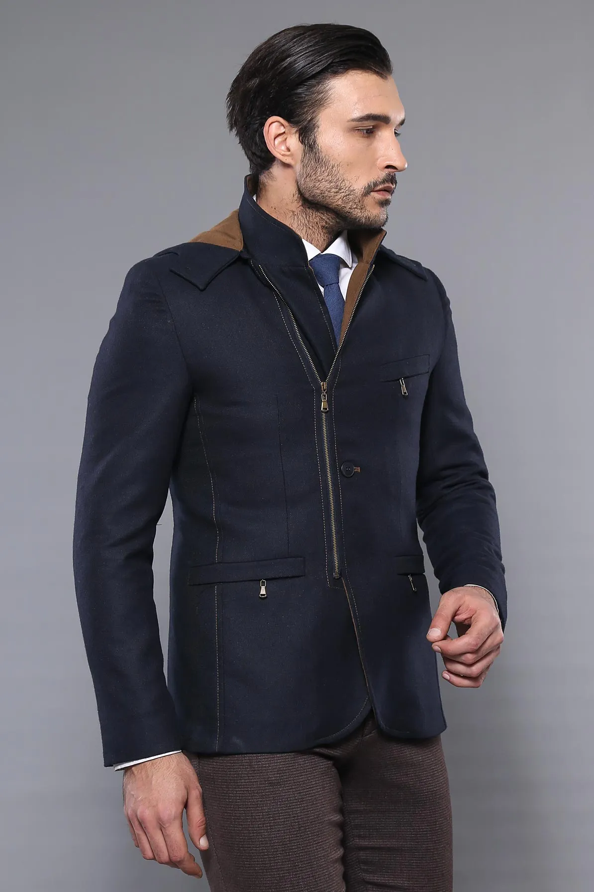 3 Pockets Hooded Zippered Wool Navy Blue Men Short Coat-Wessi sold by Wessi