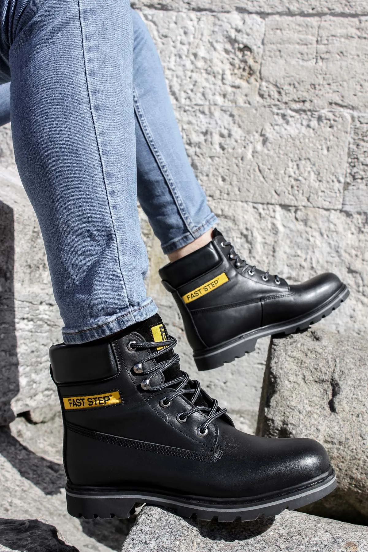 Men's Black Leather Lace-Up Boots with Padded Collar - Wessi sold by Wessi