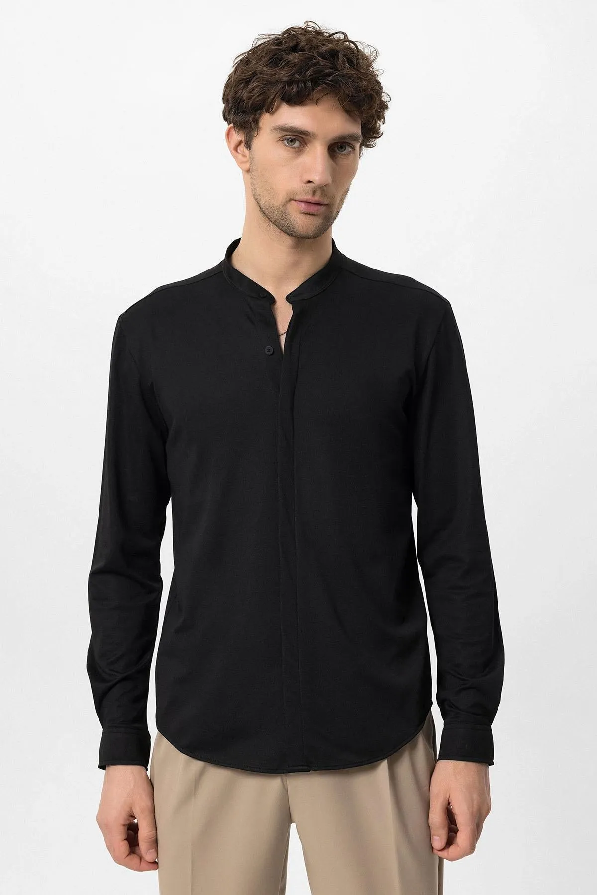 Men's Black Classic Collar Hidden Button Long Sleeve Slim Fit Shirt - Wessi sold by Wessi product image thumbnail 2