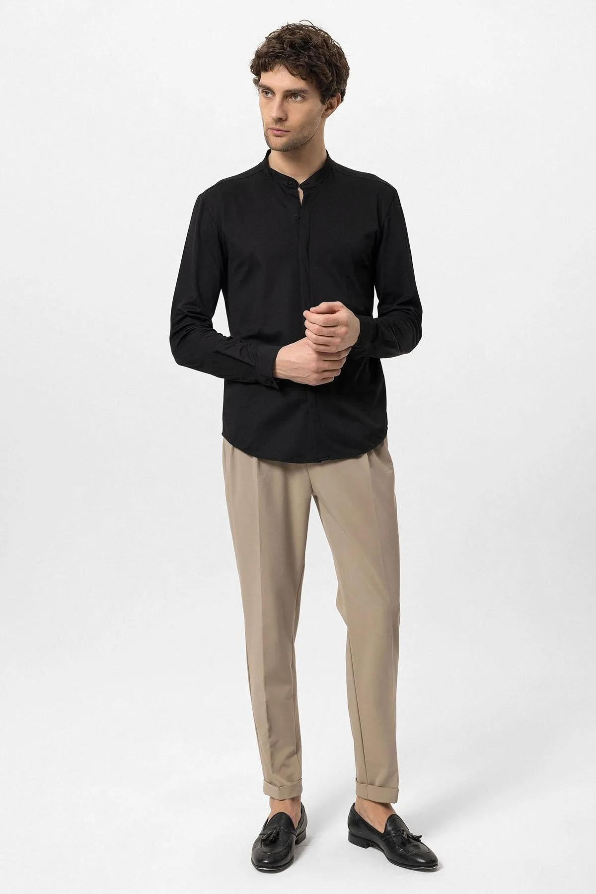 Men's Black Classic Collar Hidden Button Long Sleeve Slim Fit Shirt - Wessi sold by Wessi product image thumbnail 4