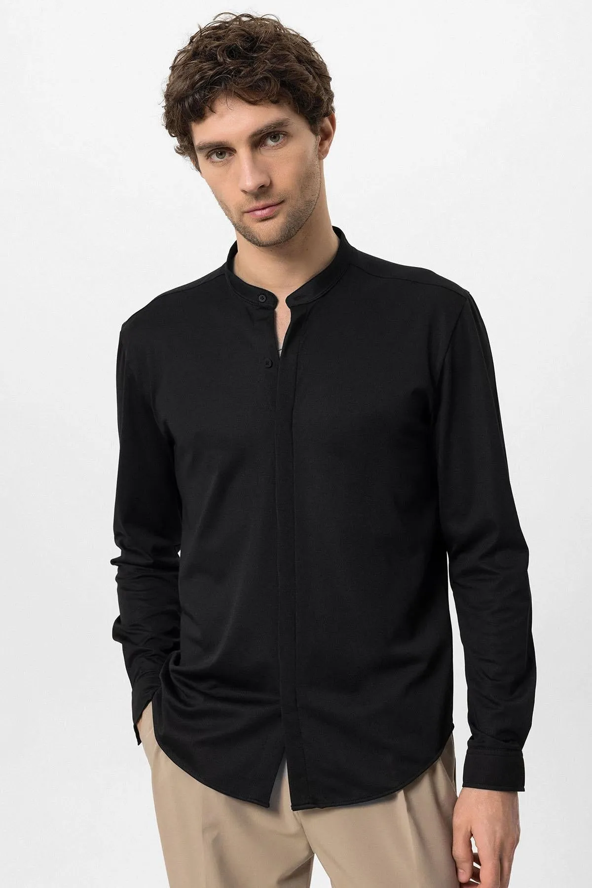 Men's Black Classic Collar Hidden Button Long Sleeve Slim Fit Shirt - Wessi sold by Wessi