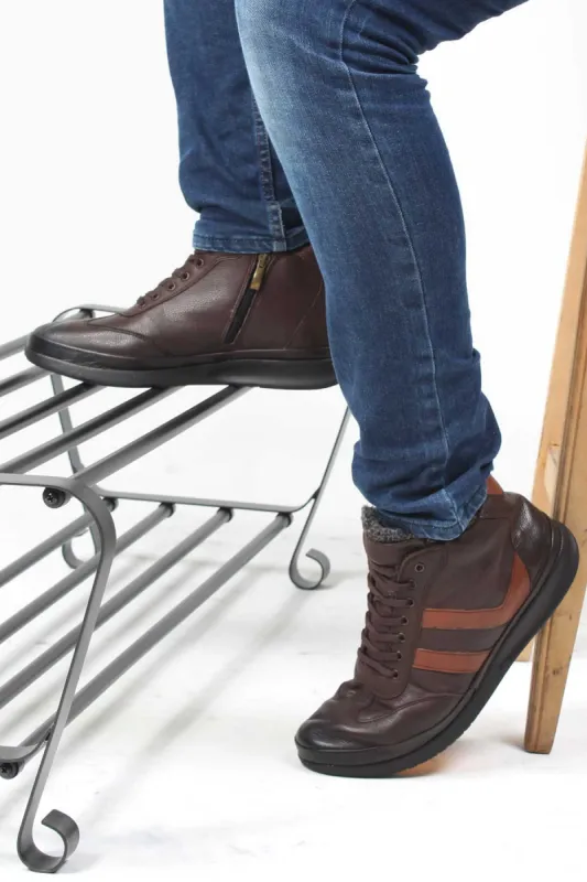 Men's Brown Leather High-Top Sneakers with Fur Lining and Brown Accents - Wessi sold by Wessi