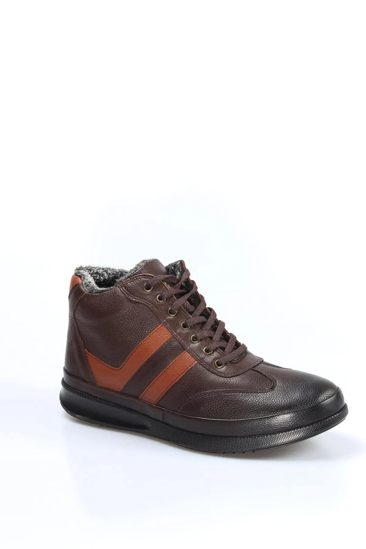 Men's Brown Leather High-Top Sneakers with Fur Lining and Brown Accents - Wessi sold by Wessi product image thumbnail 2