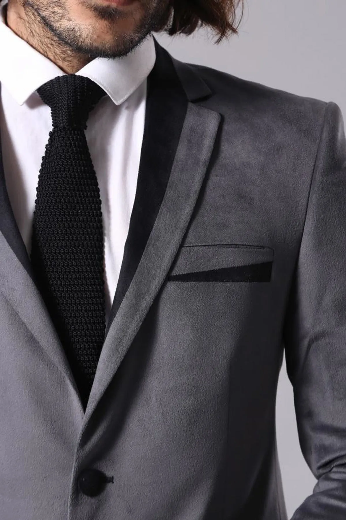 2 Buttons Pocket Piping Velvet Grey Jacket sold by Wessi product image thumbnail 2