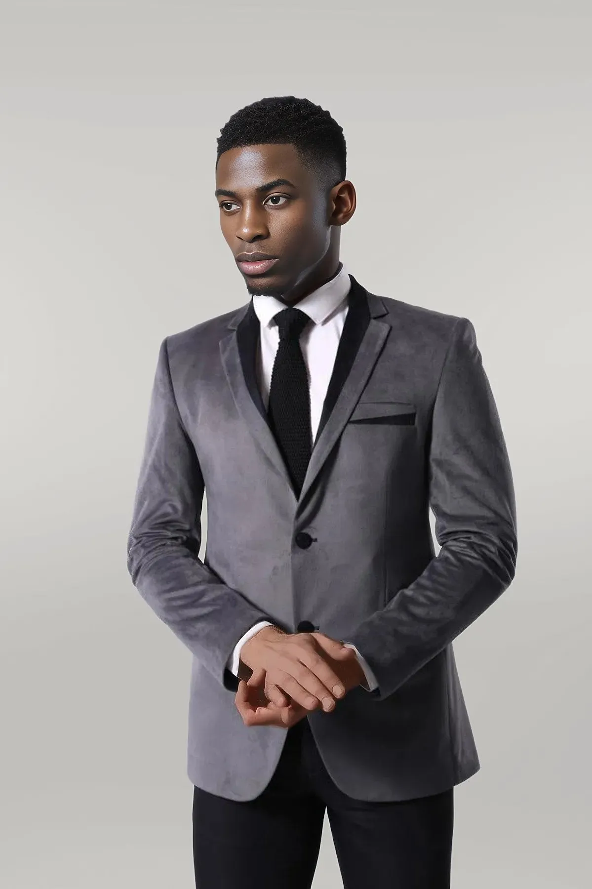 2 Buttons Pocket Piping Velvet Grey Jacket sold by Wessi