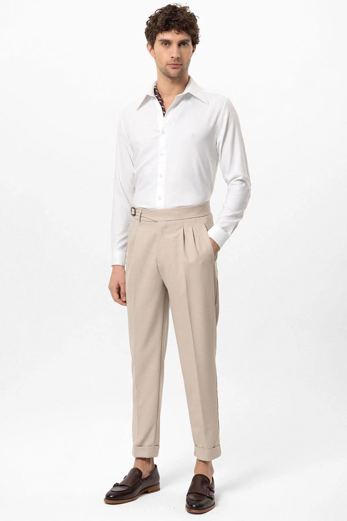 Light Beige High Waist Pleated Buckle Detailed Men's Trousers - Wessi sold by Wessi product image thumbnail 2