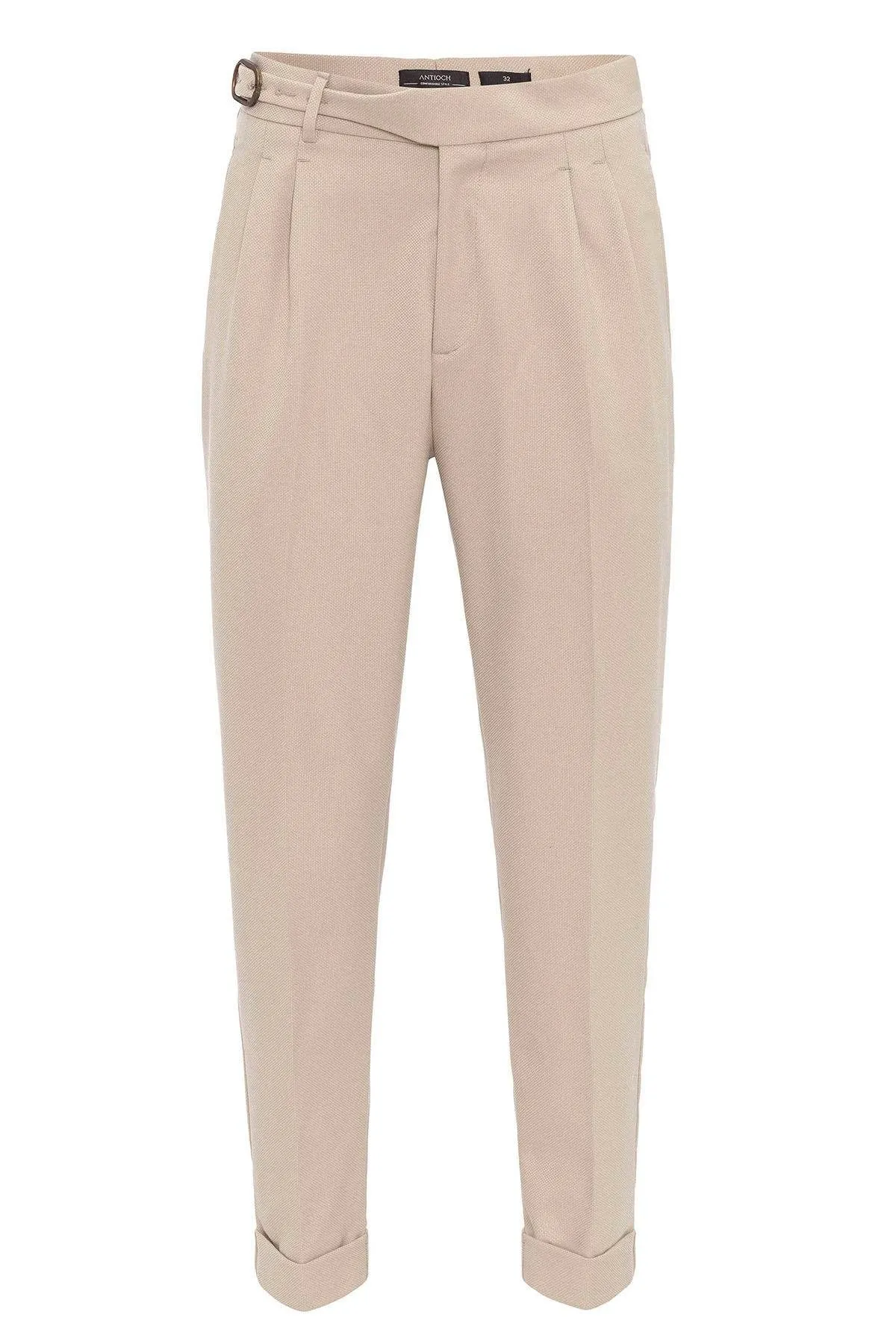 Light Beige High Waist Pleated Buckle Detailed Men's Trousers - Wessi sold by Wessi product image thumbnail 5