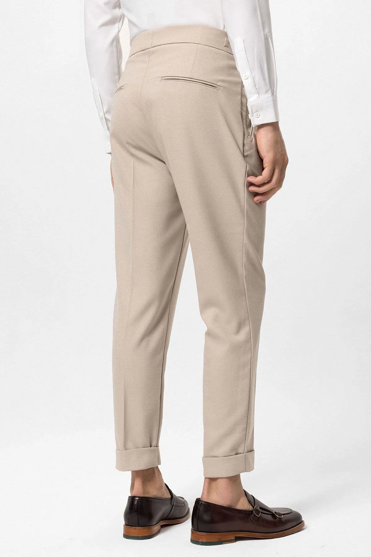 Light Beige High Waist Pleated Buckle Detailed Men's Trousers - Wessi sold by Wessi product image thumbnail 4