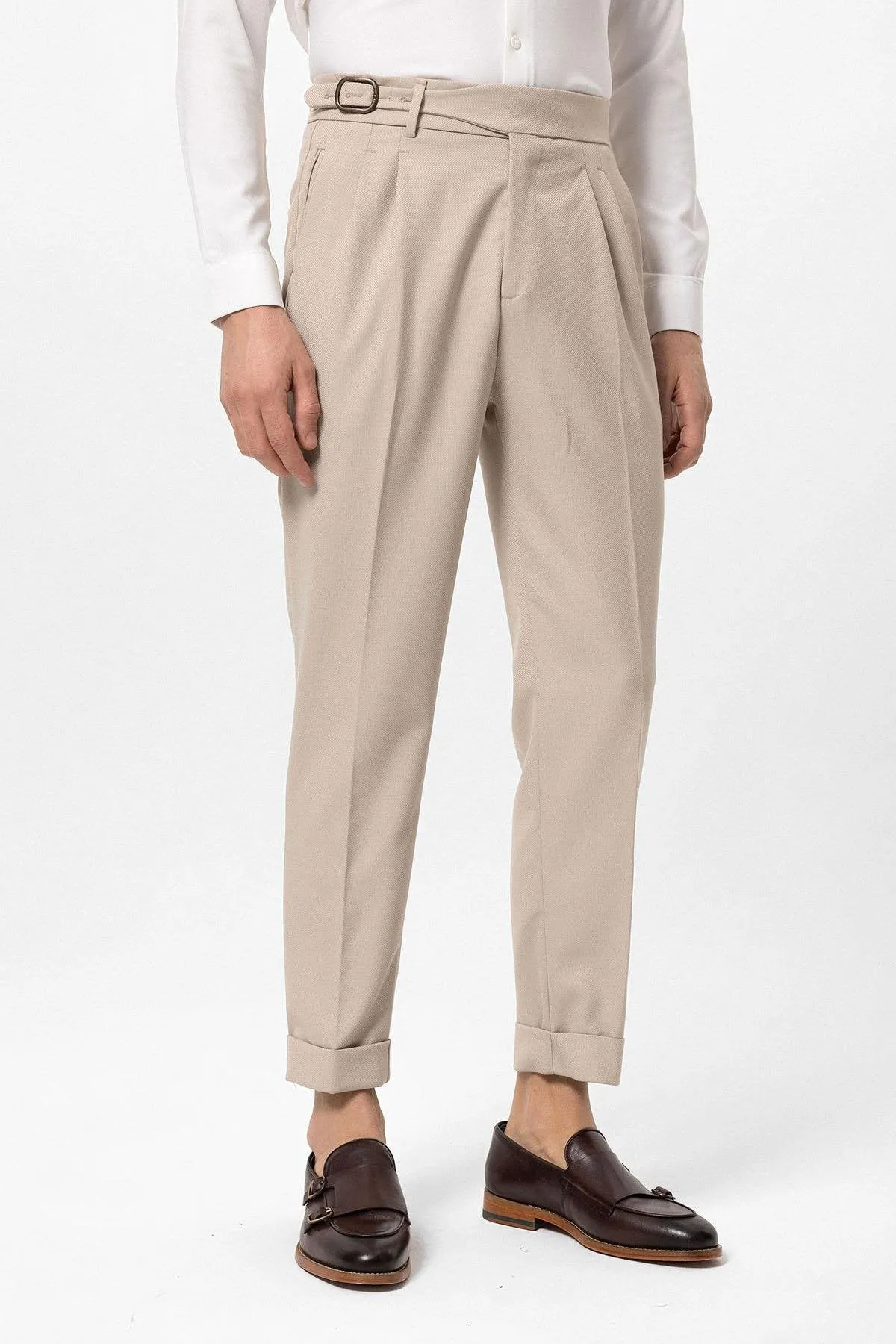 Light Beige High Waist Pleated Buckle Detailed Men's Trousers - Wessi sold by Wessi