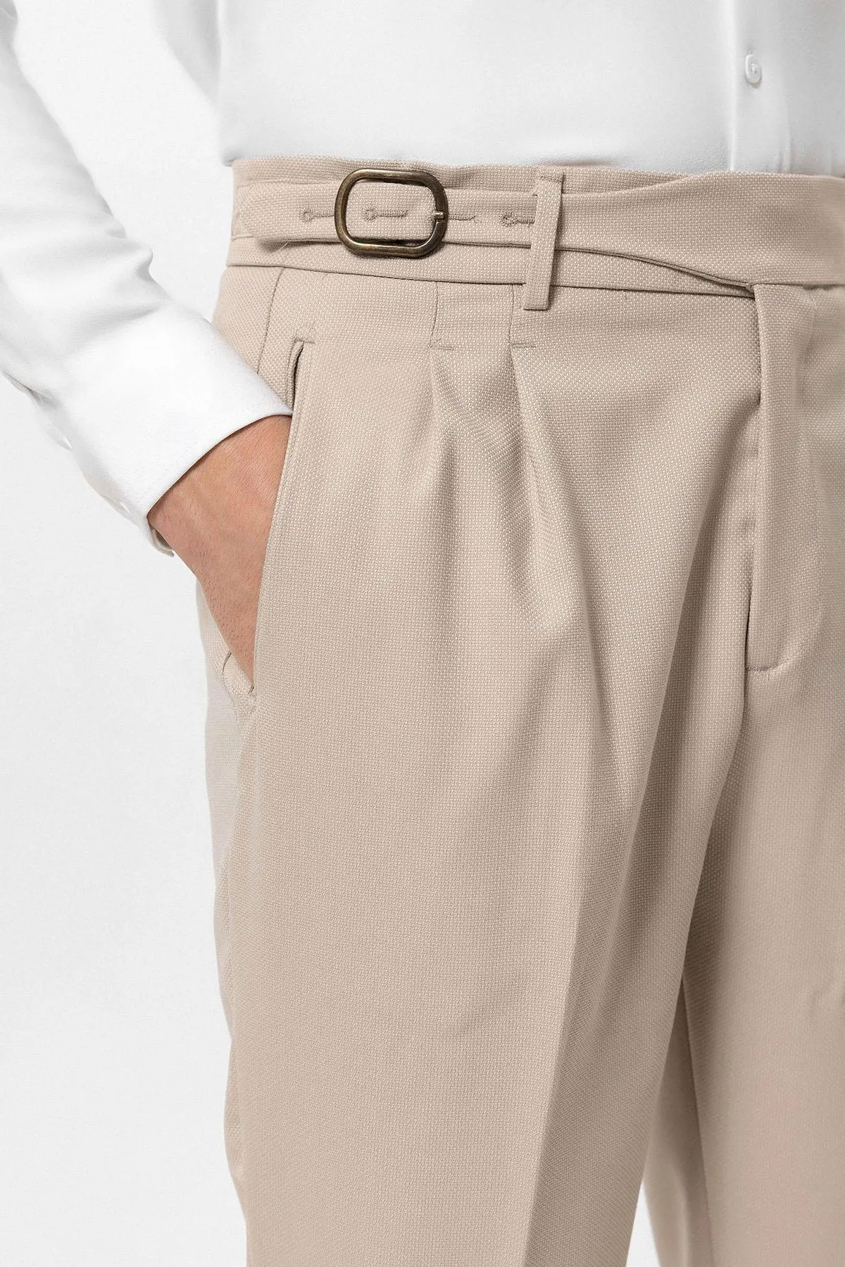 Light Beige High Waist Pleated Buckle Detailed Men's Trousers - Wessi sold by Wessi product image thumbnail 3