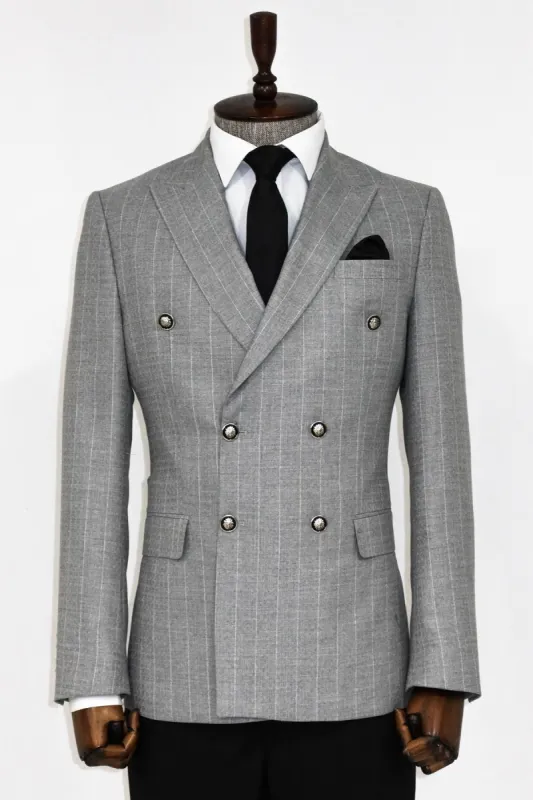 Double Breasted Slim Fit Striped Grey Men Blazer and Trousers Combination - Wessi sold by Wessi