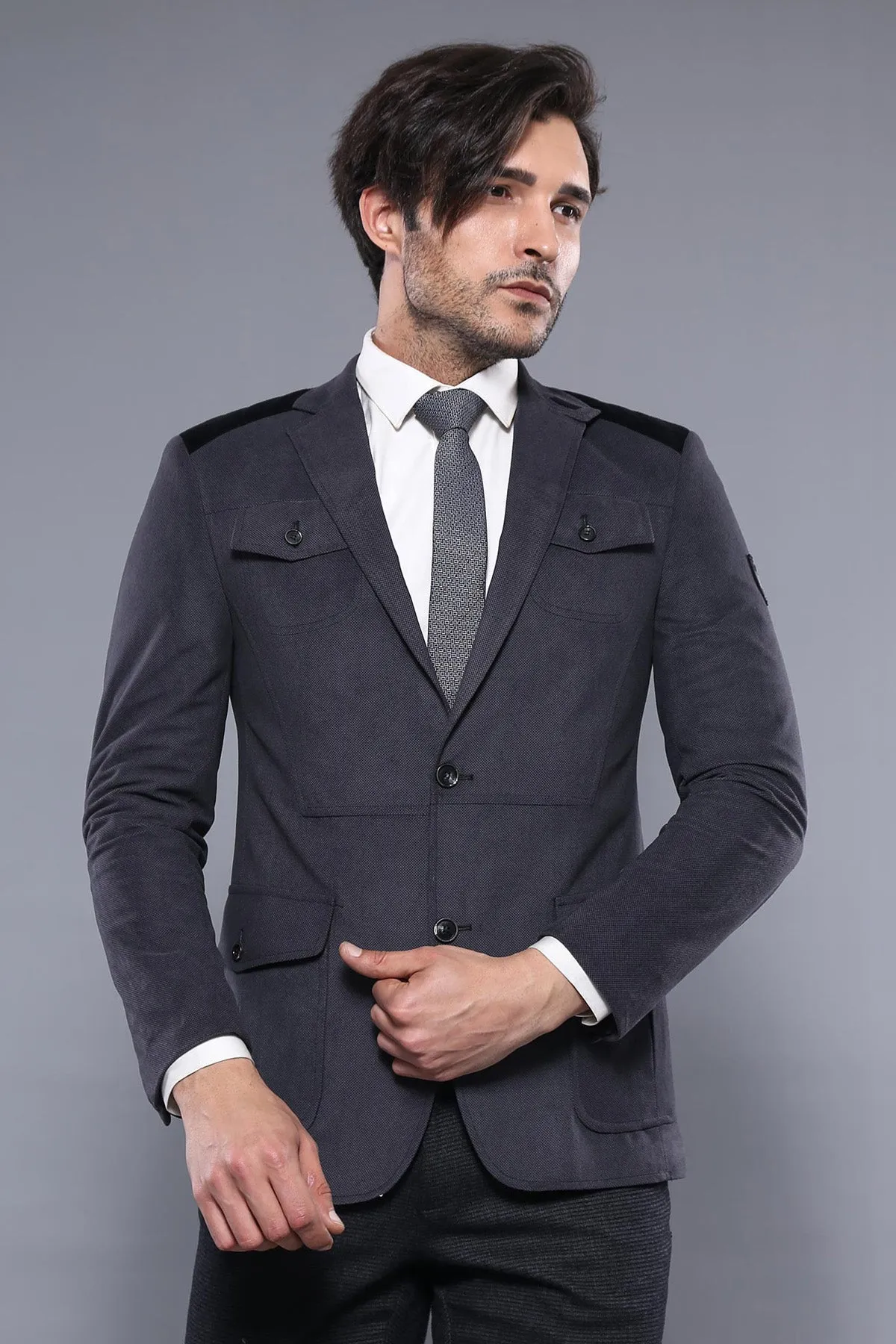 2 Button Bag Pocket Velvet Grey Jacket-Wessi sold by Wessi