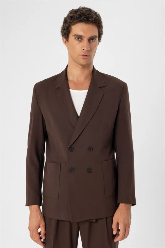 Brown Double Breasted Men's Blazer Jacket with Bag Pocket - Wessi sold by Wessi