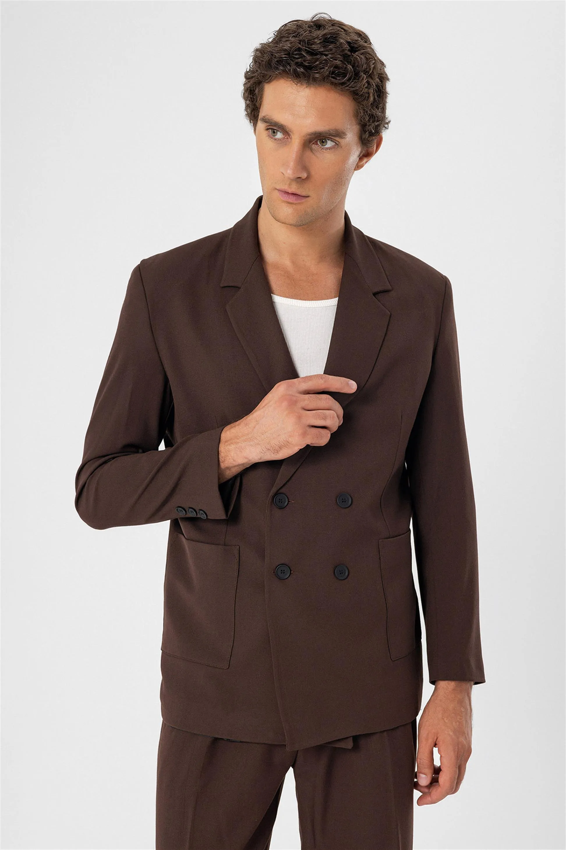Brown Double Breasted Men's Blazer Jacket with Bag Pocket - Wessi sold by Wessi product image thumbnail 3