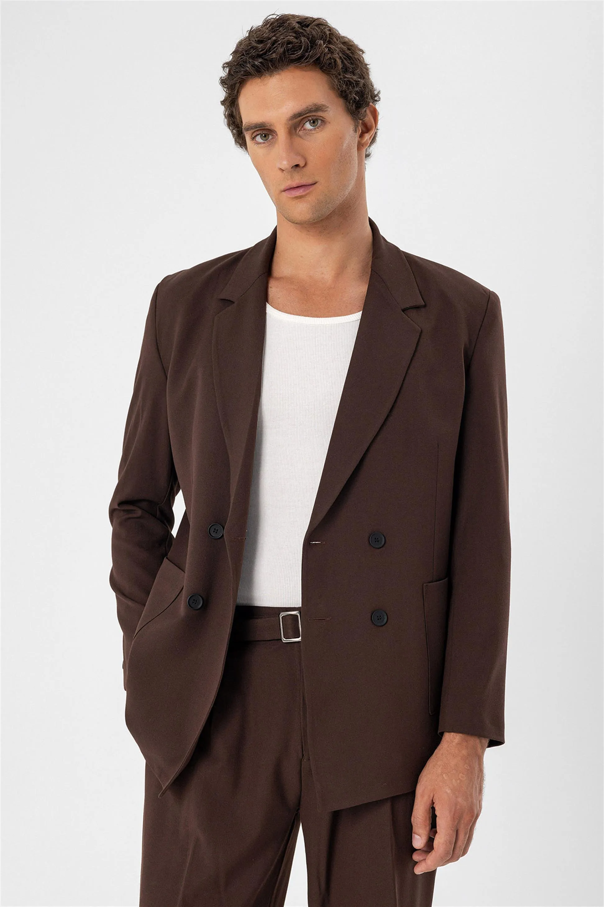Brown Double Breasted Men's Blazer Jacket with Bag Pocket - Wessi sold by Wessi product image thumbnail 2