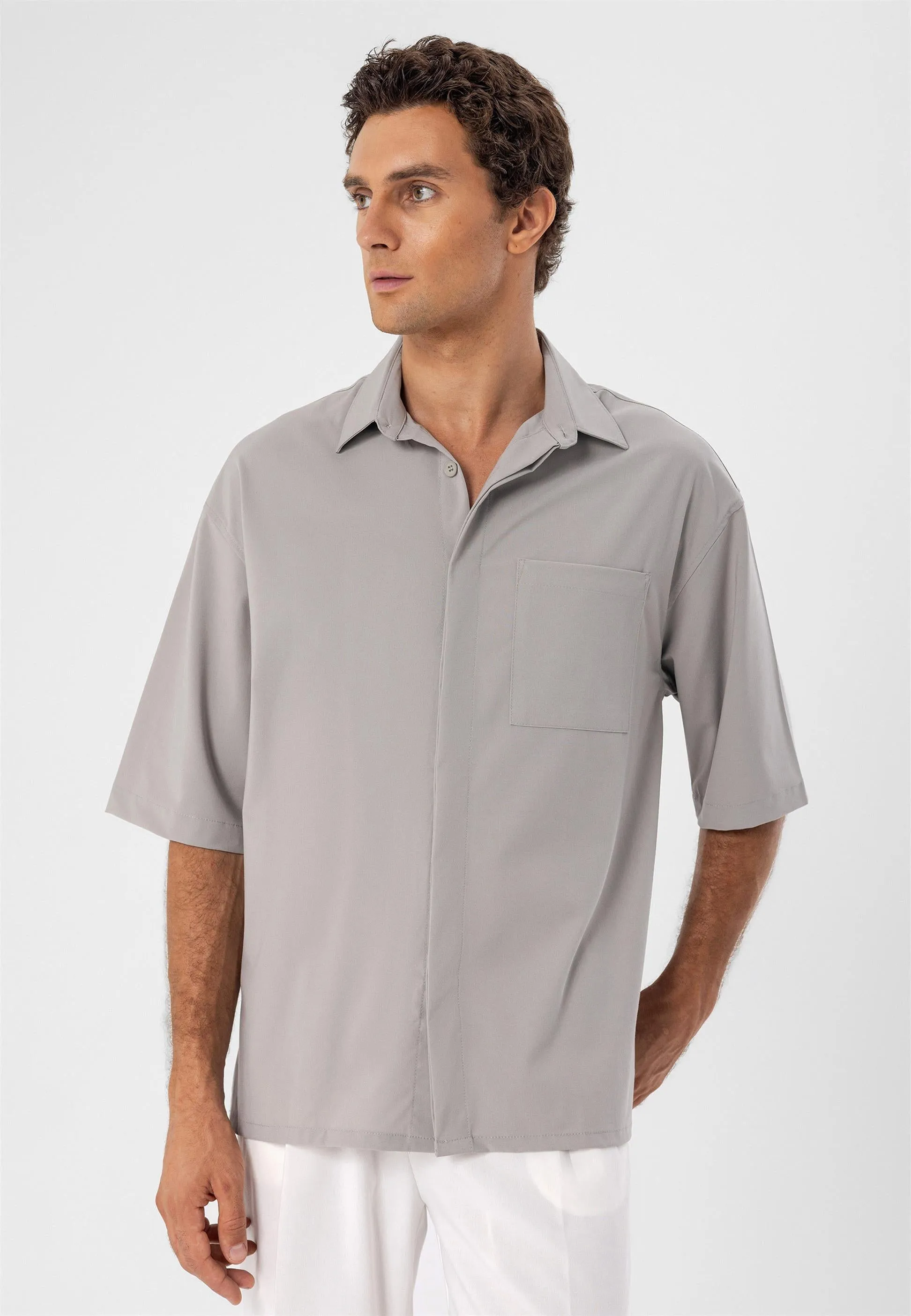 Men's Light Grey Oversize Hidden Button Short Sleeve Shirt - Wessi sold by Wessi product image thumbnail 5