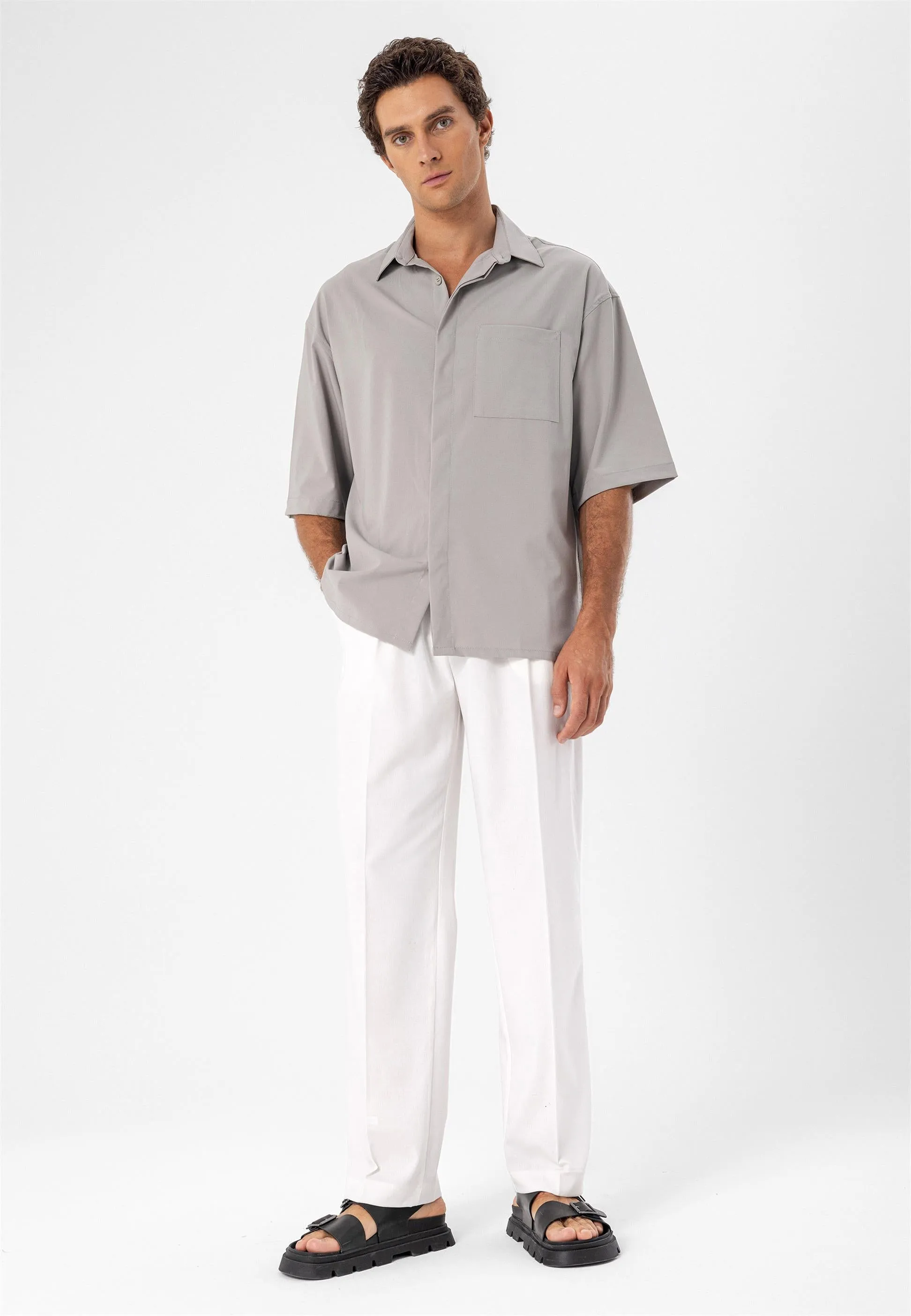 Men's Light Grey Oversize Hidden Button Short Sleeve Shirt - Wessi sold by Wessi product image thumbnail 3