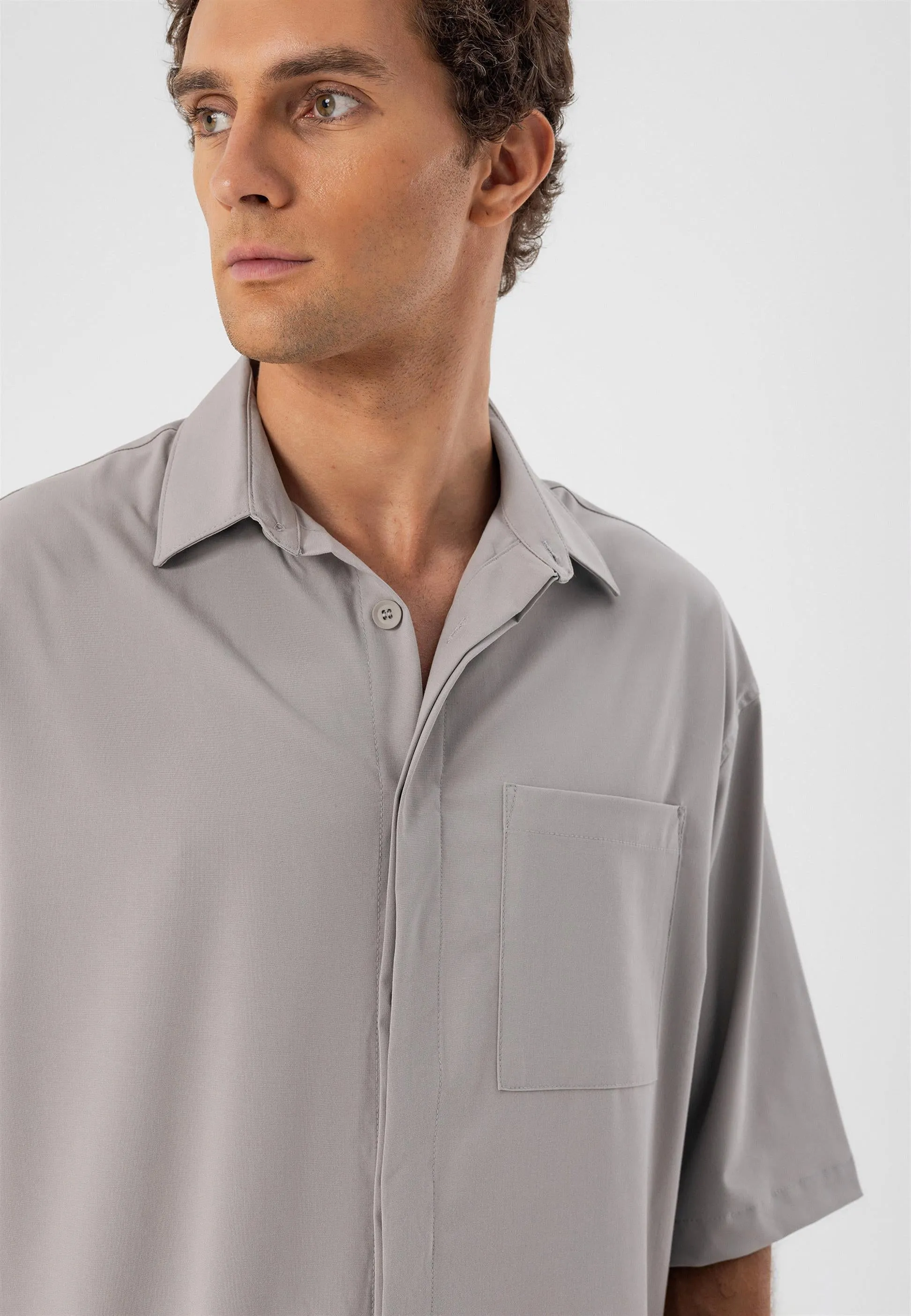 Men's Light Grey Oversize Hidden Button Short Sleeve Shirt - Wessi sold by Wessi
