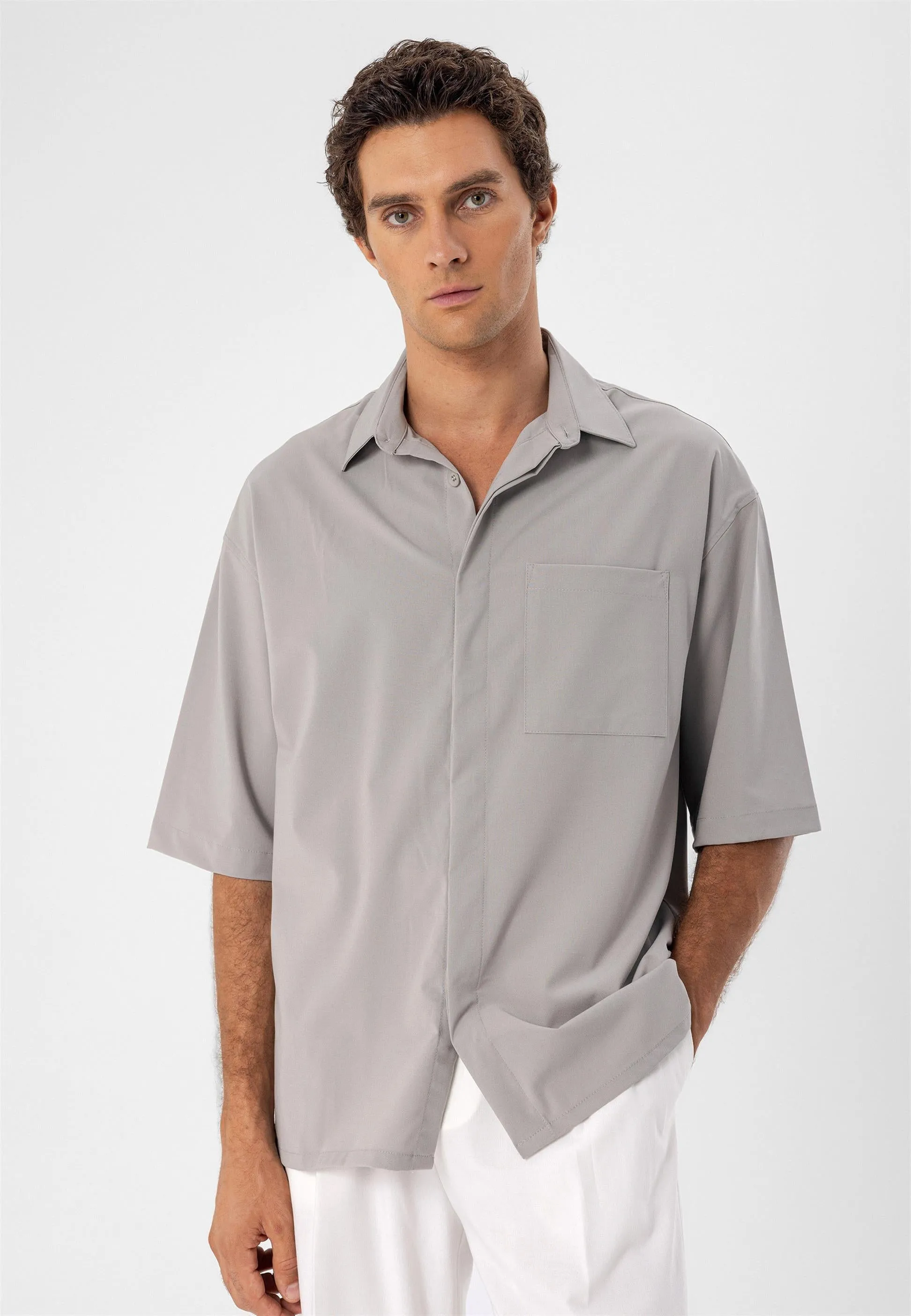 Men's Light Grey Oversize Hidden Button Short Sleeve Shirt - Wessi sold by Wessi product image thumbnail 4