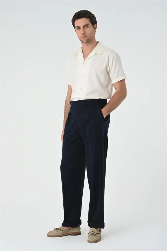 Dark Navy Blue Buckle Detailed Pleated High Waist Men's Trousers - Wessi sold by Wessi