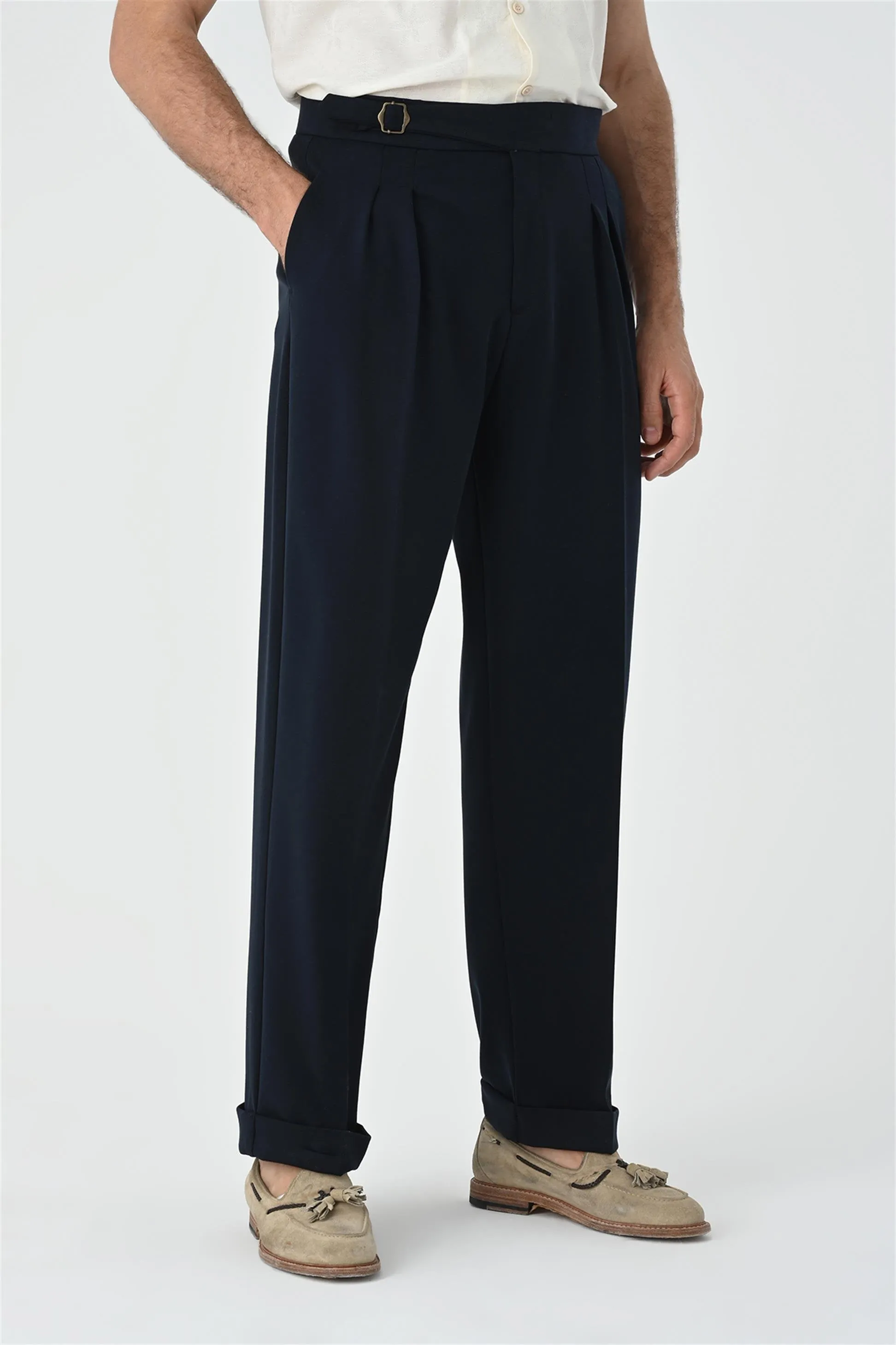 Dark Navy Blue Buckle Detailed Pleated High Waist Men's Trousers - Wessi sold by Wessi product image thumbnail 4