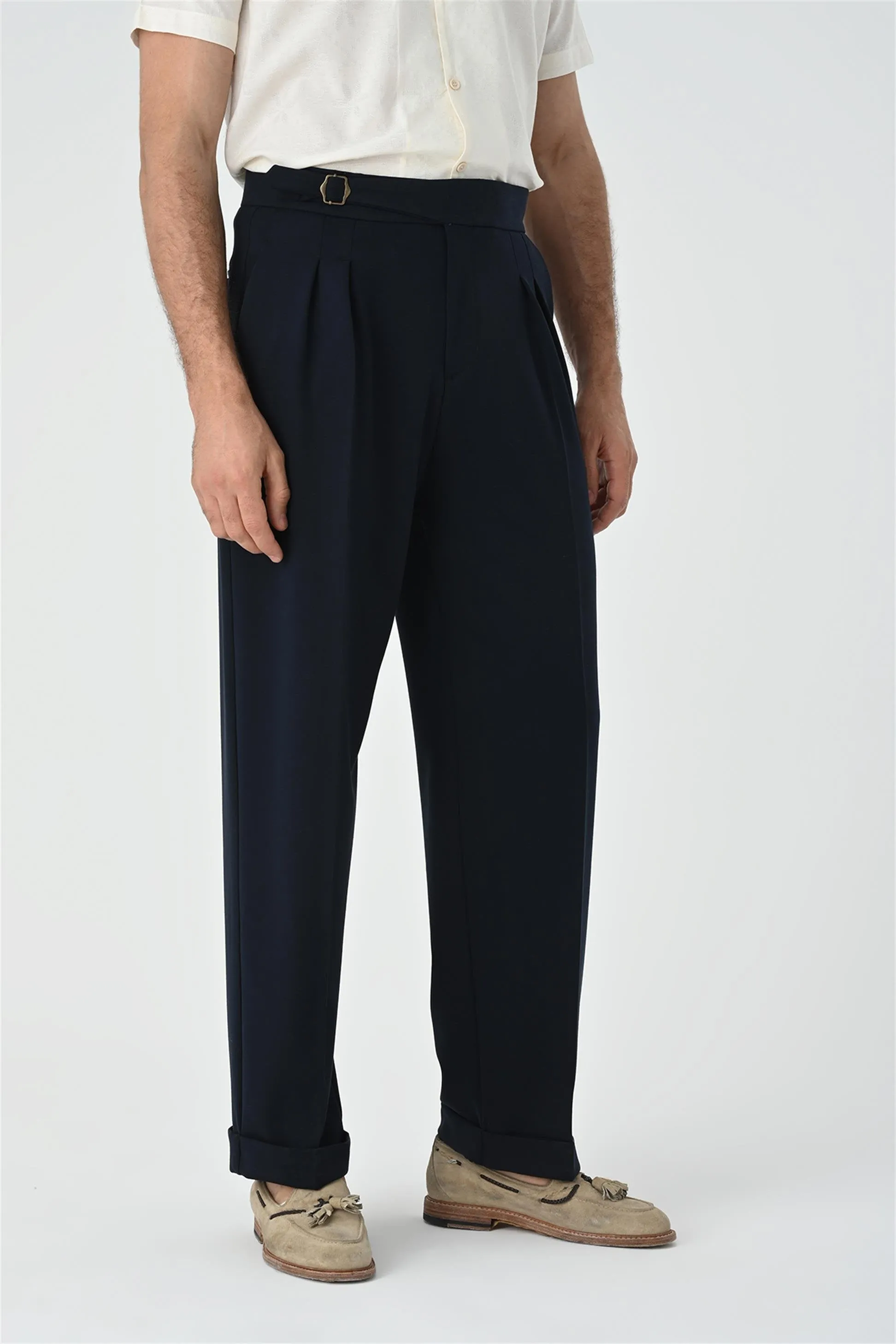 Dark Navy Blue Buckle Detailed Pleated High Waist Men's Trousers - Wessi sold by Wessi product image thumbnail 2