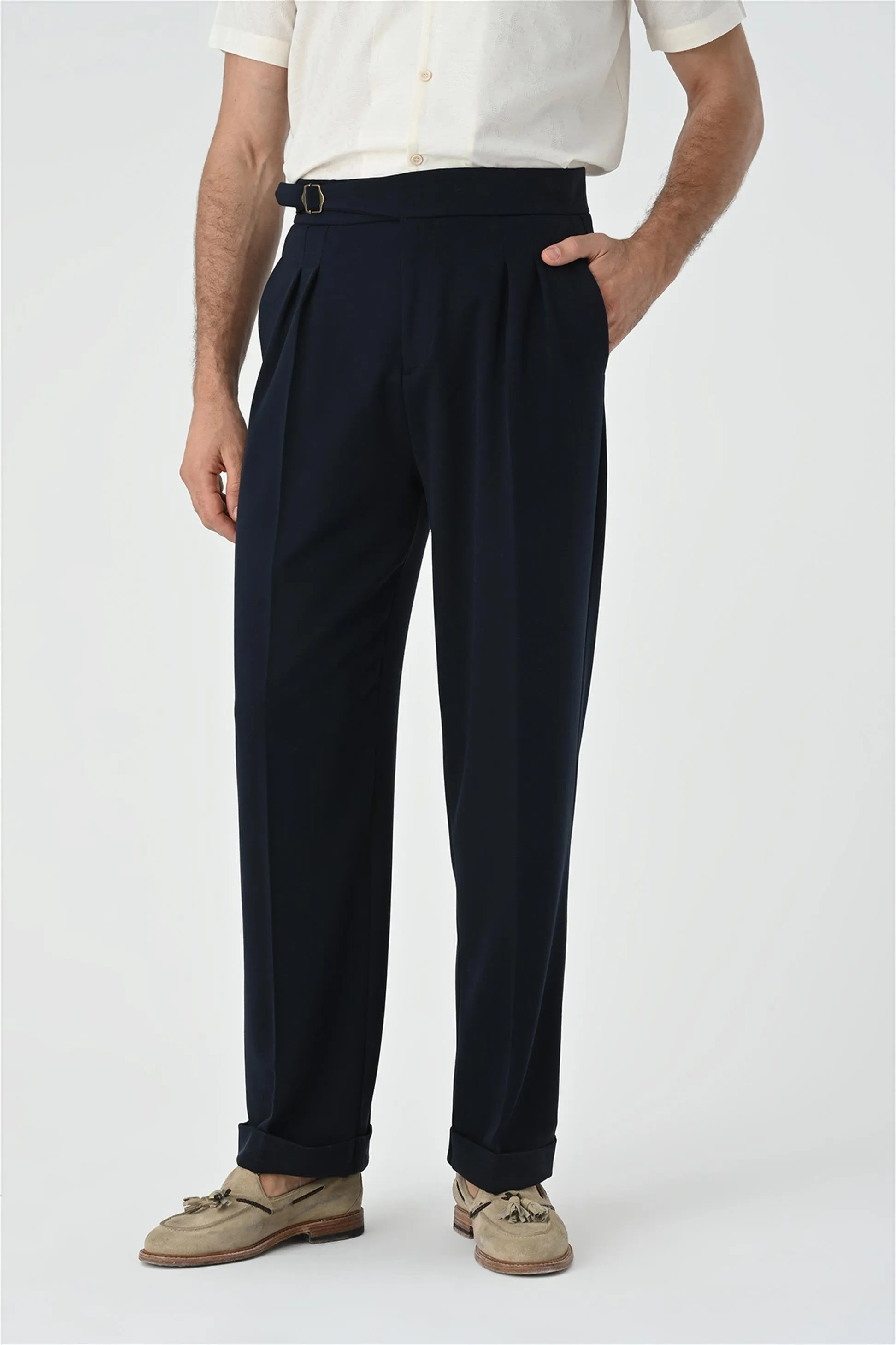 Dark Navy Blue Buckle Detailed Pleated High Waist Men's Trousers - Wessi sold by Wessi product image thumbnail 5