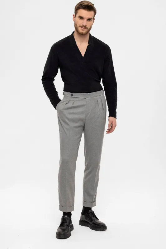 Men's Grey High Waist Double Pleated  Trousers - Wessi sold by Wessi