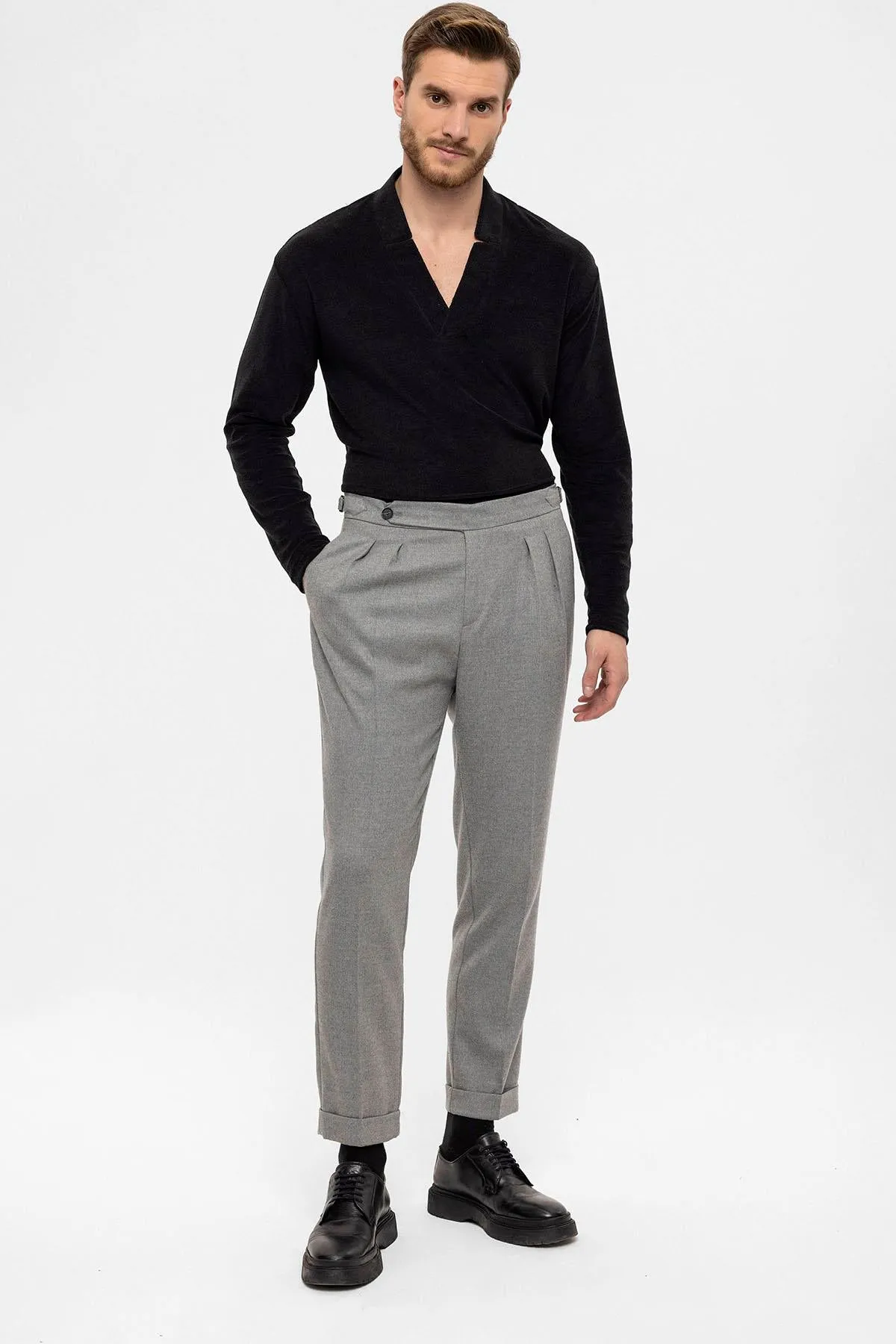 Men's Grey High Waist Double Pleated Trousers - Wessi sold by Wessi