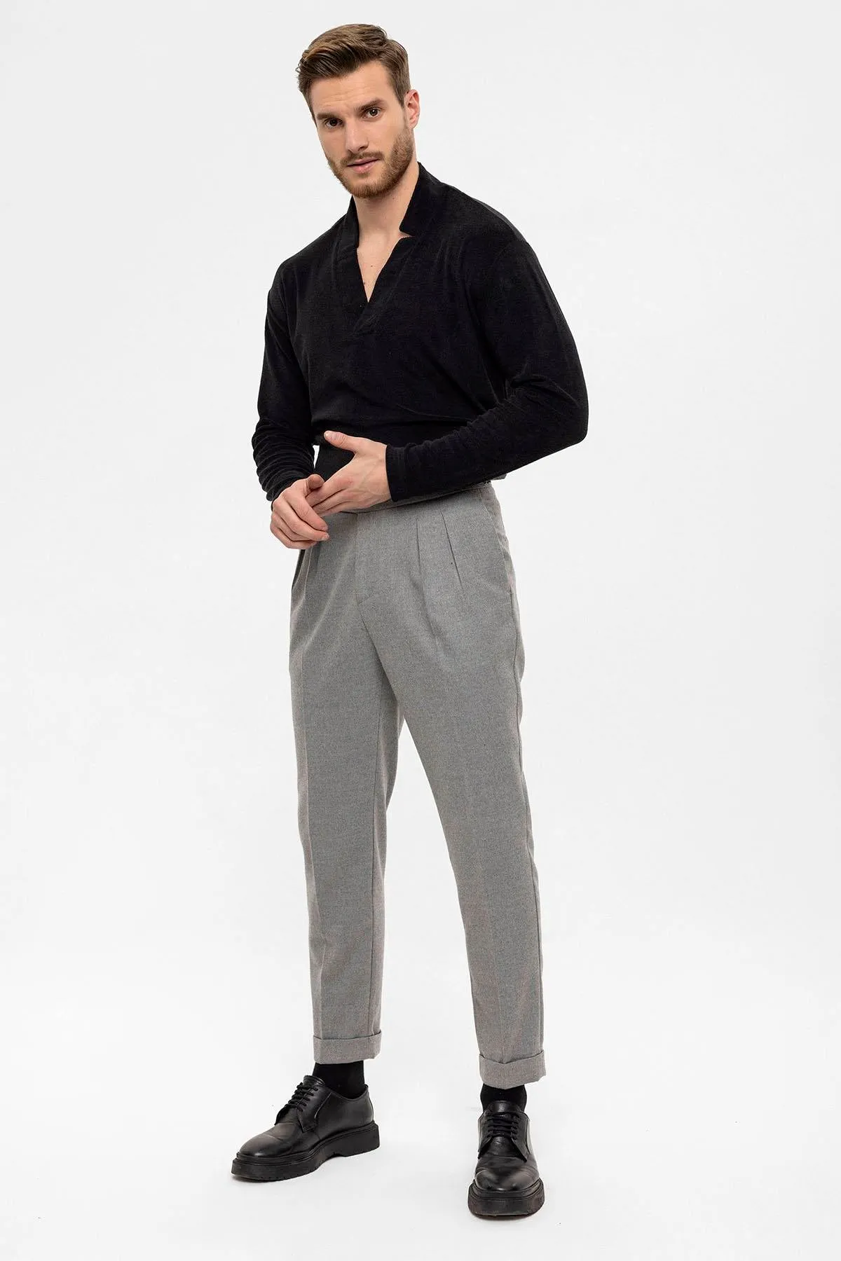 Men's Grey High Waist Double Pleated Trousers - Wessi sold by Wessi product image thumbnail 2