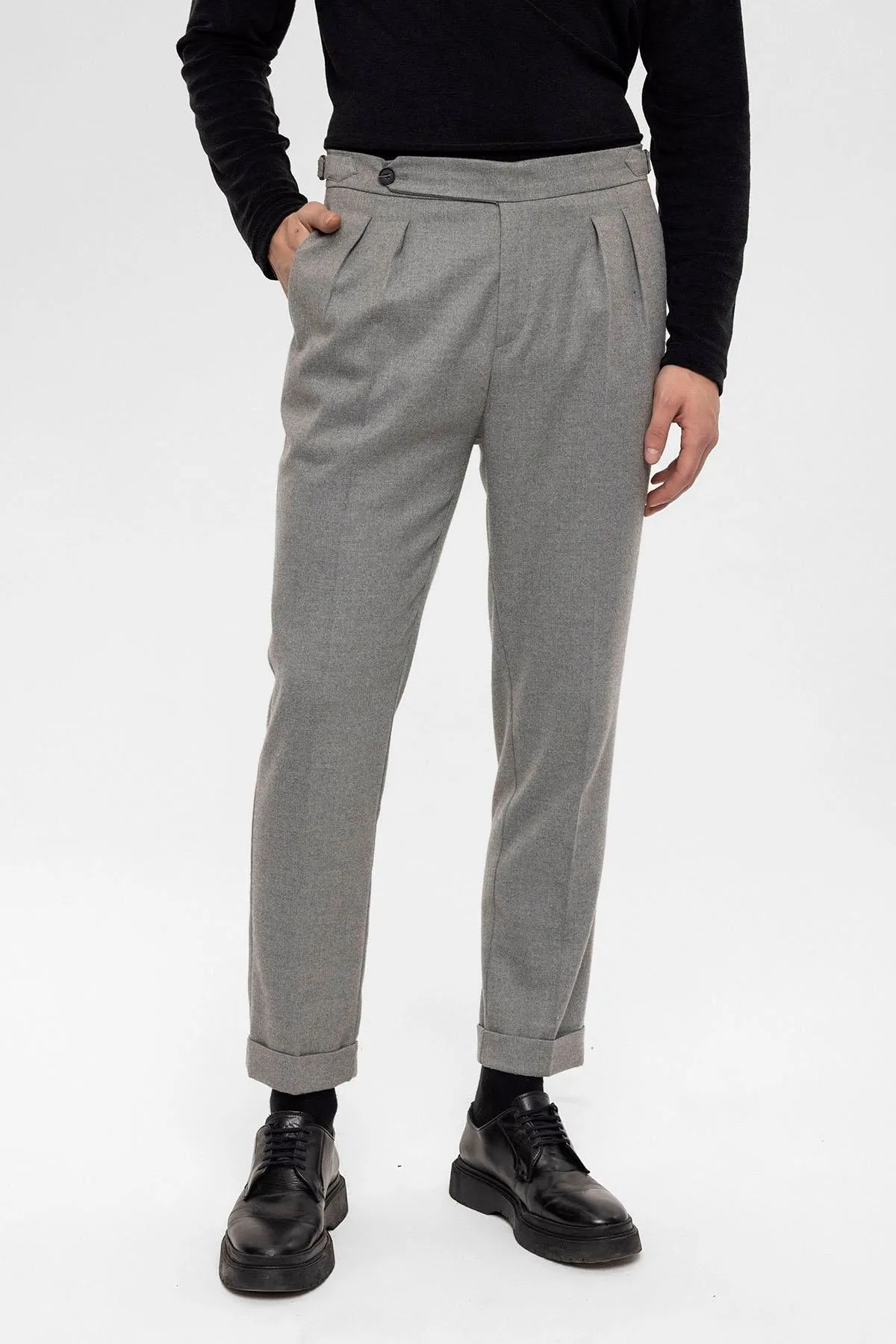 Men's Grey High Waist Double Pleated Trousers - Wessi sold by Wessi product image thumbnail 3
