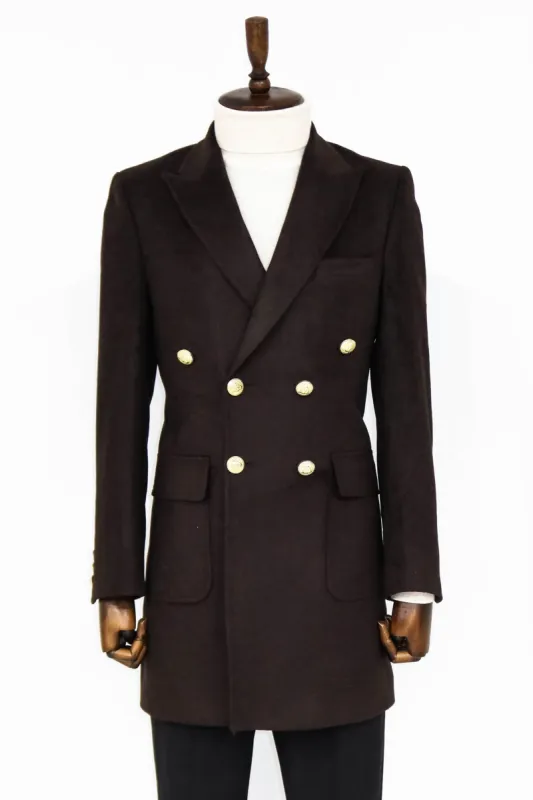 Brown Metal Buttoned Double Breasted Long Coat - Wessi sold by Wessi