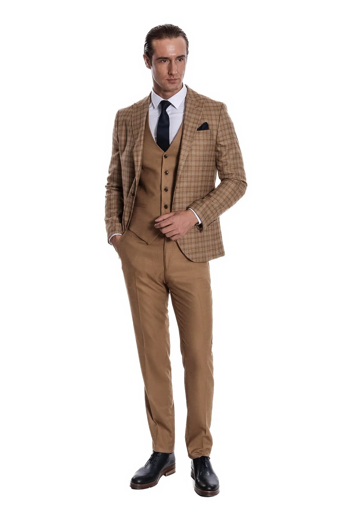 Checked Slim Fit Tan Men Suit - Wessi sold by Wessi product image thumbnail 2