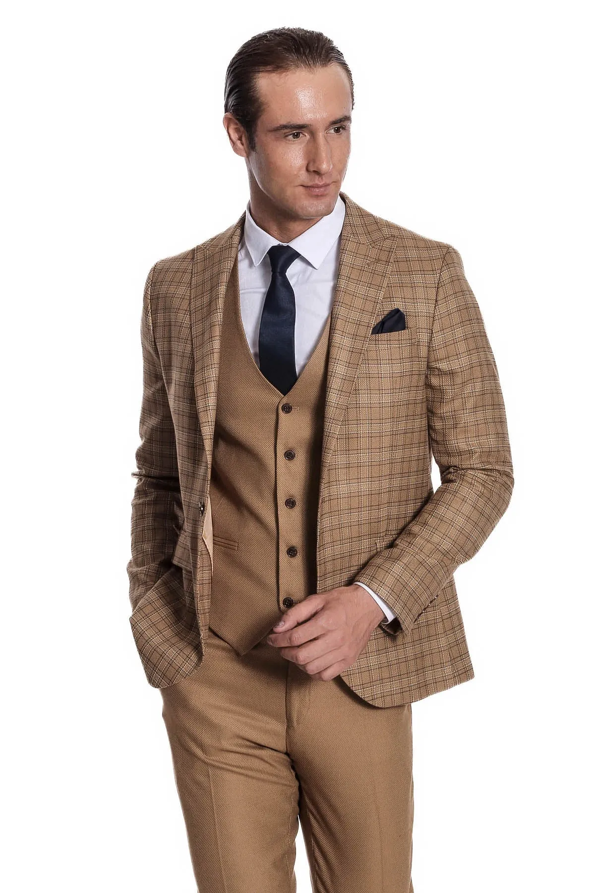 Checked Slim Fit Tan Men Suit - Wessi sold by Wessi