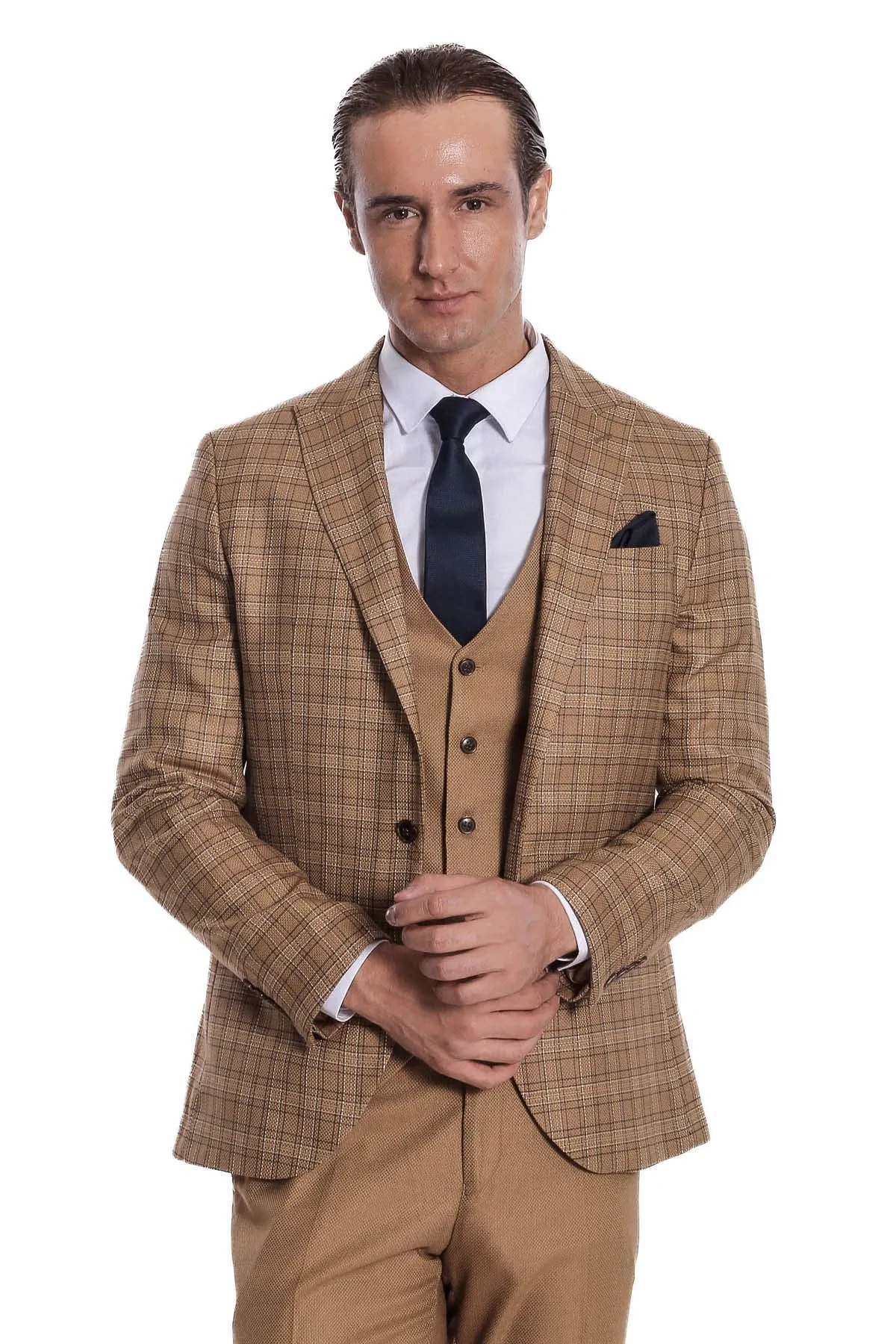 Checked Slim Fit Tan Men Suit - Wessi sold by Wessi product image thumbnail 3