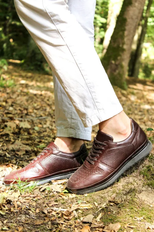 Men's Brown Leather Sneakers with Embossed Croc Texture - Wessi sold by Wessi