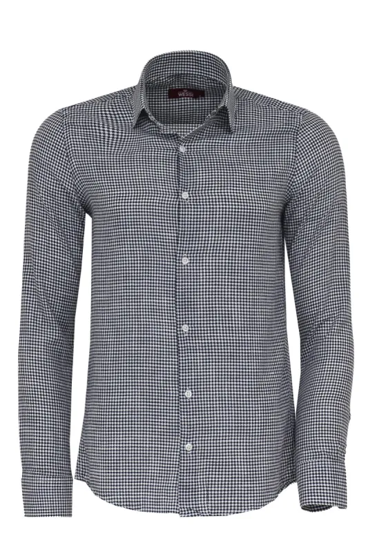 Houndstooth Pattern Navy Blue Men Shirt - Wessi sold by Wessi