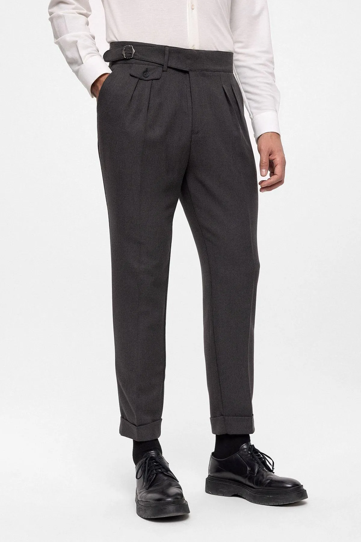 Anthracite High Waist (Boyfriend) Pleated Fabric Trousers With Buckle Belt - Wessi sold by Wessi product image thumbnail 4